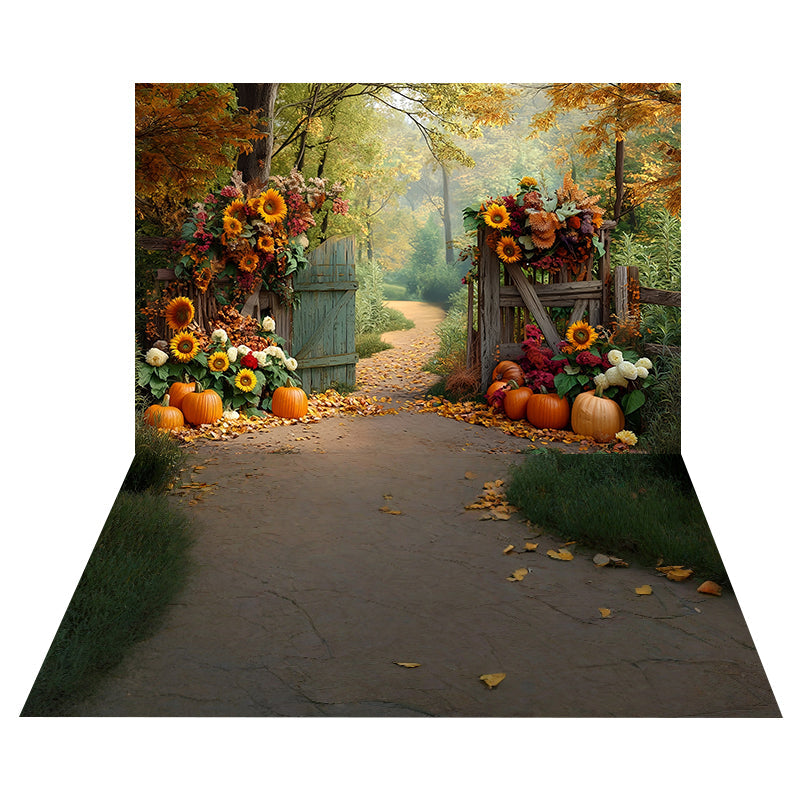 Sonnenblumen rustikaler Tor Foto Hintergrund + Herbstweg Blätter Boden Foto Hintergrund MRR8-180