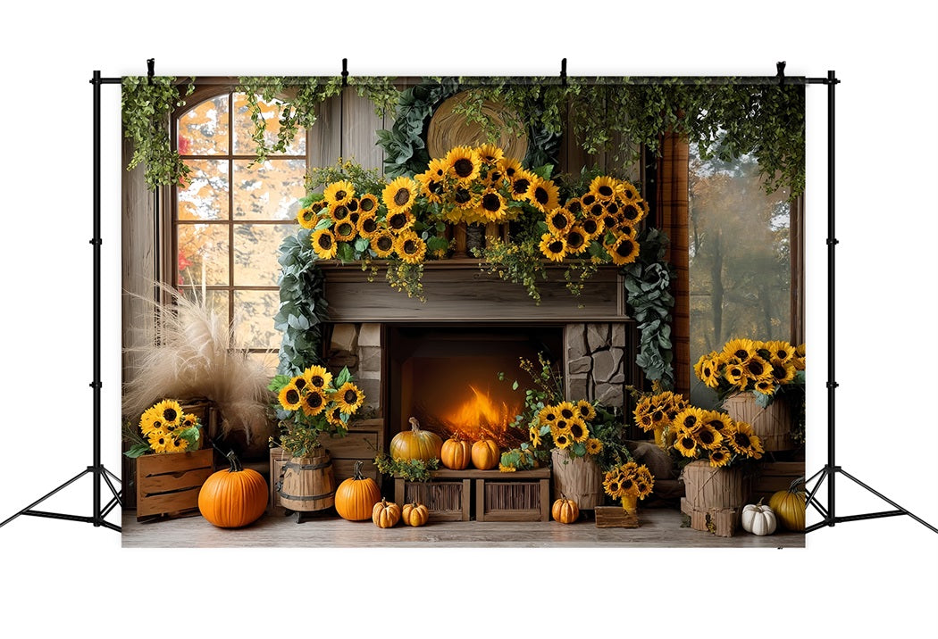 Fall Backdrop Sunflower Fireplace Door Pumpkin Autumn Fall Backdrop MRR8-183
