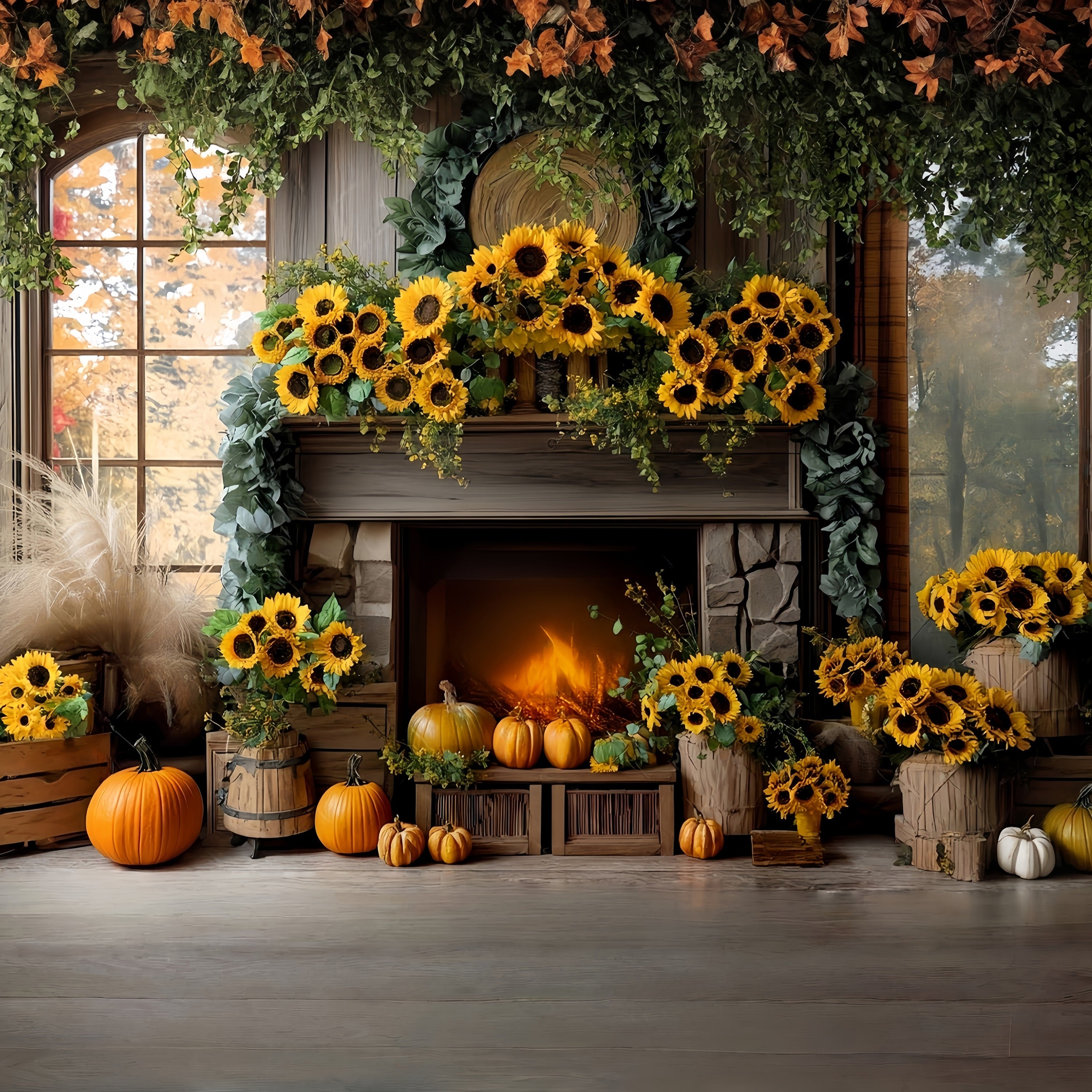 Fall Backdrop Sunflower Fireplace Door Pumpkin Autumn Fall Backdrop MRR8-183