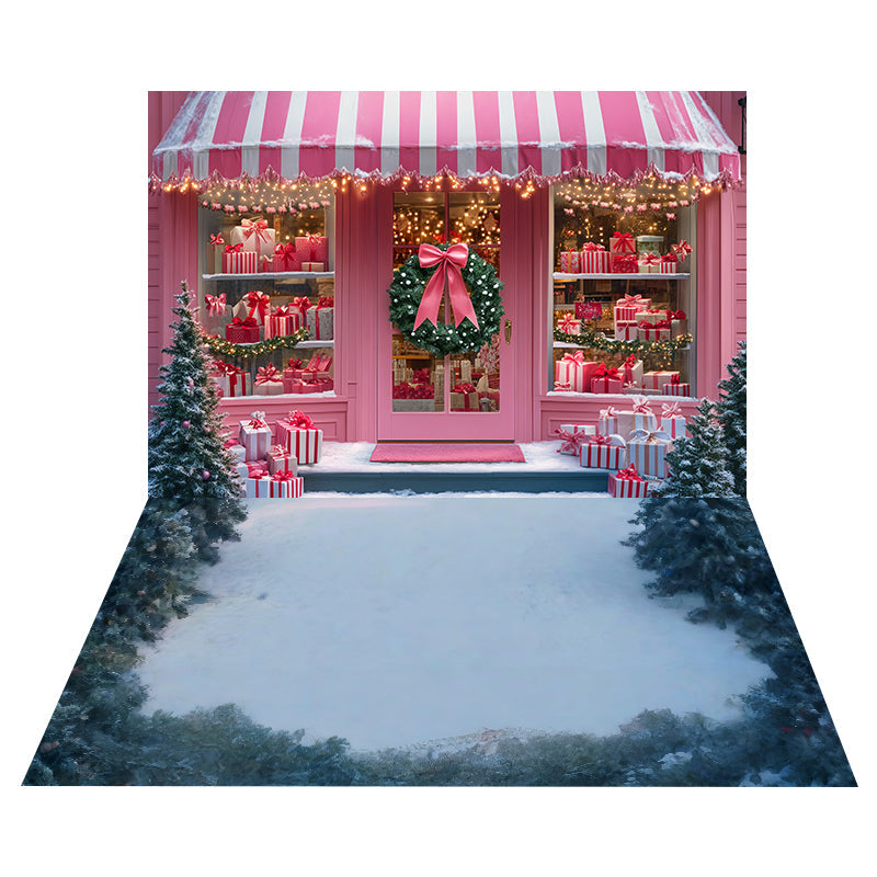 Rosa Weihnachtsladen-Foto Hintergrund + mattierter Kiefernholz-Schnee-BodenFoto Hintergrund MRR8-195