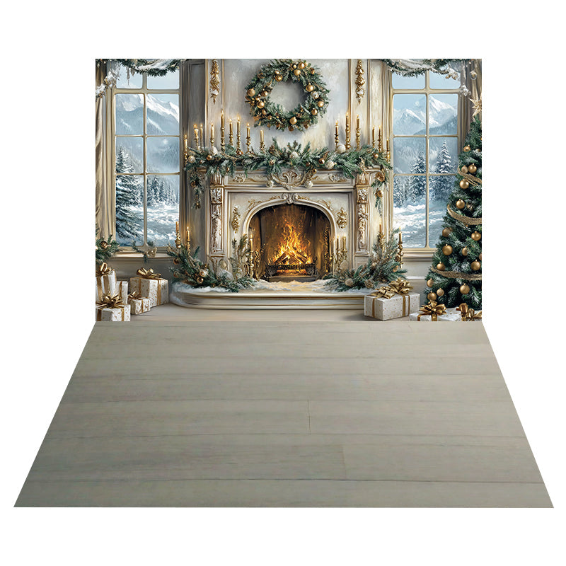 Foto Hintergrund mit goldenem Kamin-Kranz + Foto Hintergrund mit grauem Holzboden MRR8-206