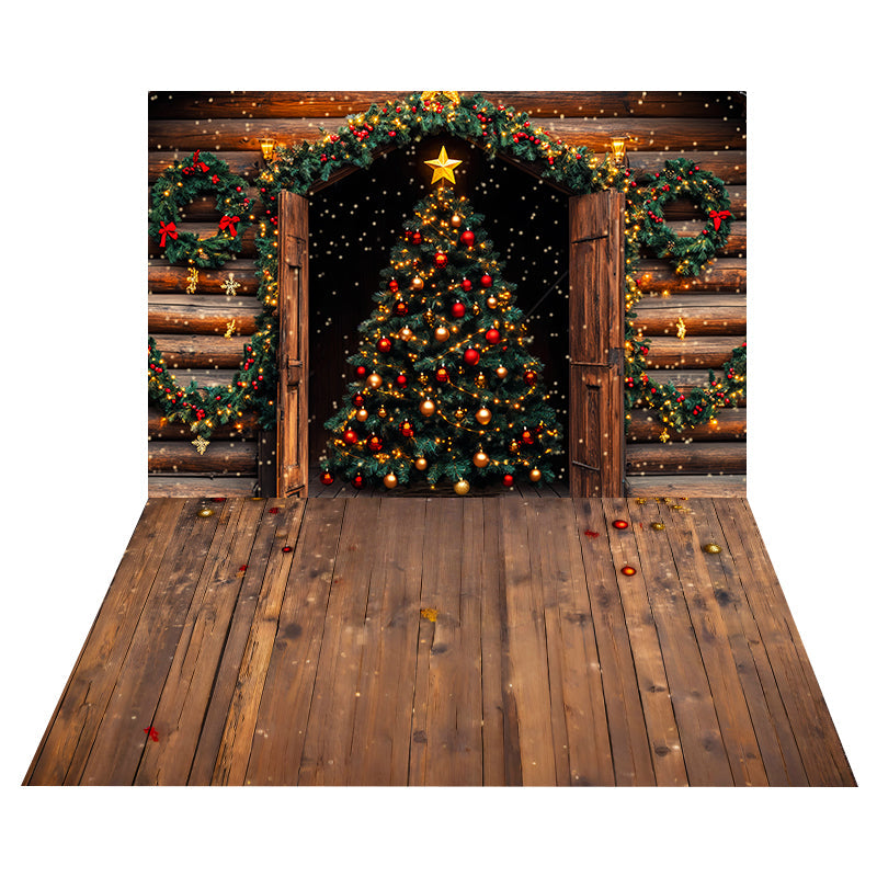 Foto Hintergrund mit rustikalem Baum in Blockhütte + Foto Hintergrund mit weihnachtlichem Holzboden MRR8-209