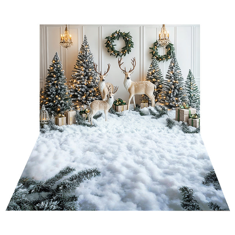 Foto Hintergrund mit winterlichem Rentier-Weihnachtsmotiv + Foto Hintergrund mit schneebedecktem Kiefernboden MRR8-210