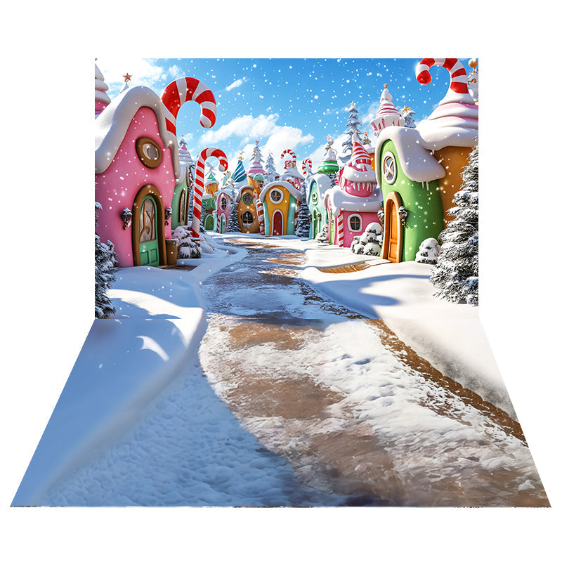 Verspieltes Zuckerstangen-Dorf-Foto Hintergrund + verschneiter Eisboden-Foto Hintergrund MRR8-214
