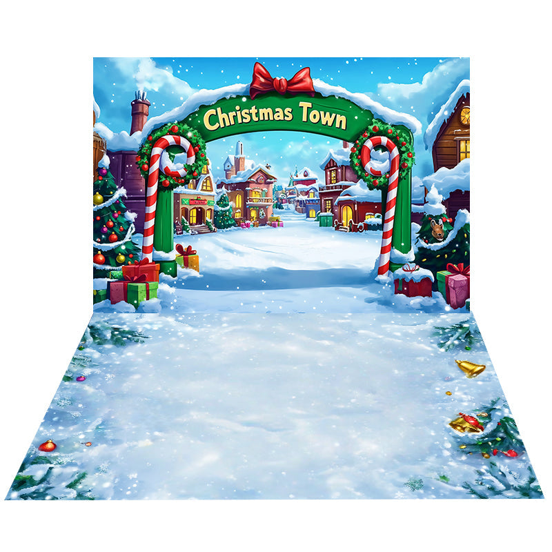 Cartoon-Weihnachtsstadt-Foto Hintergrund + Ornamente-Schneeboden-Foto Hintergrund MRR8-215