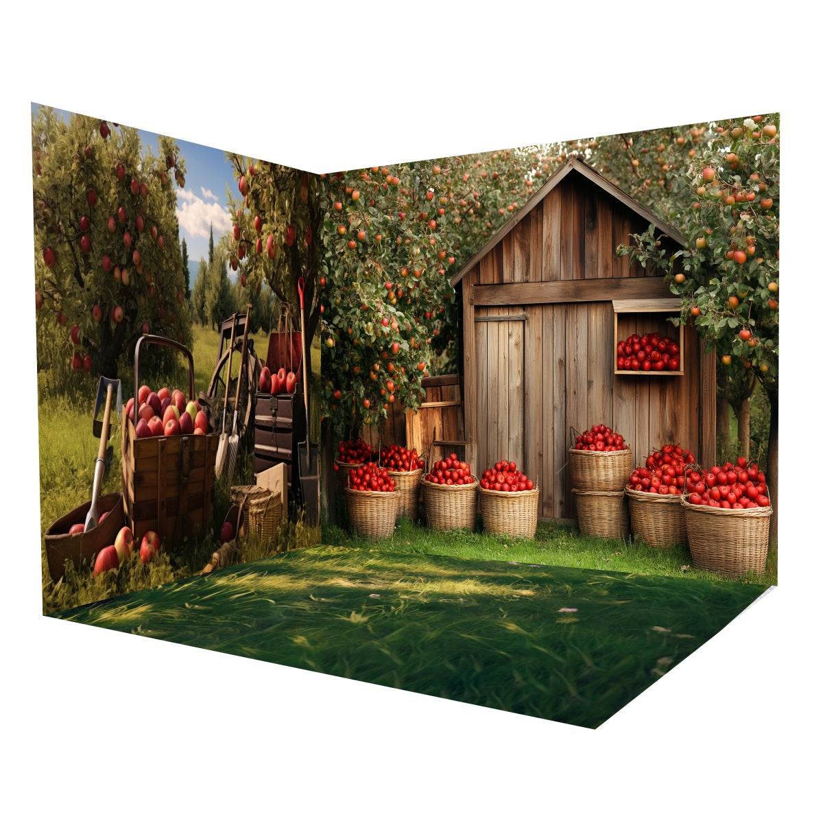 Herbst-Foto Hintergrund Apfelgarten Holzschuppen-Foto Hintergrund Raumset MRR8-216