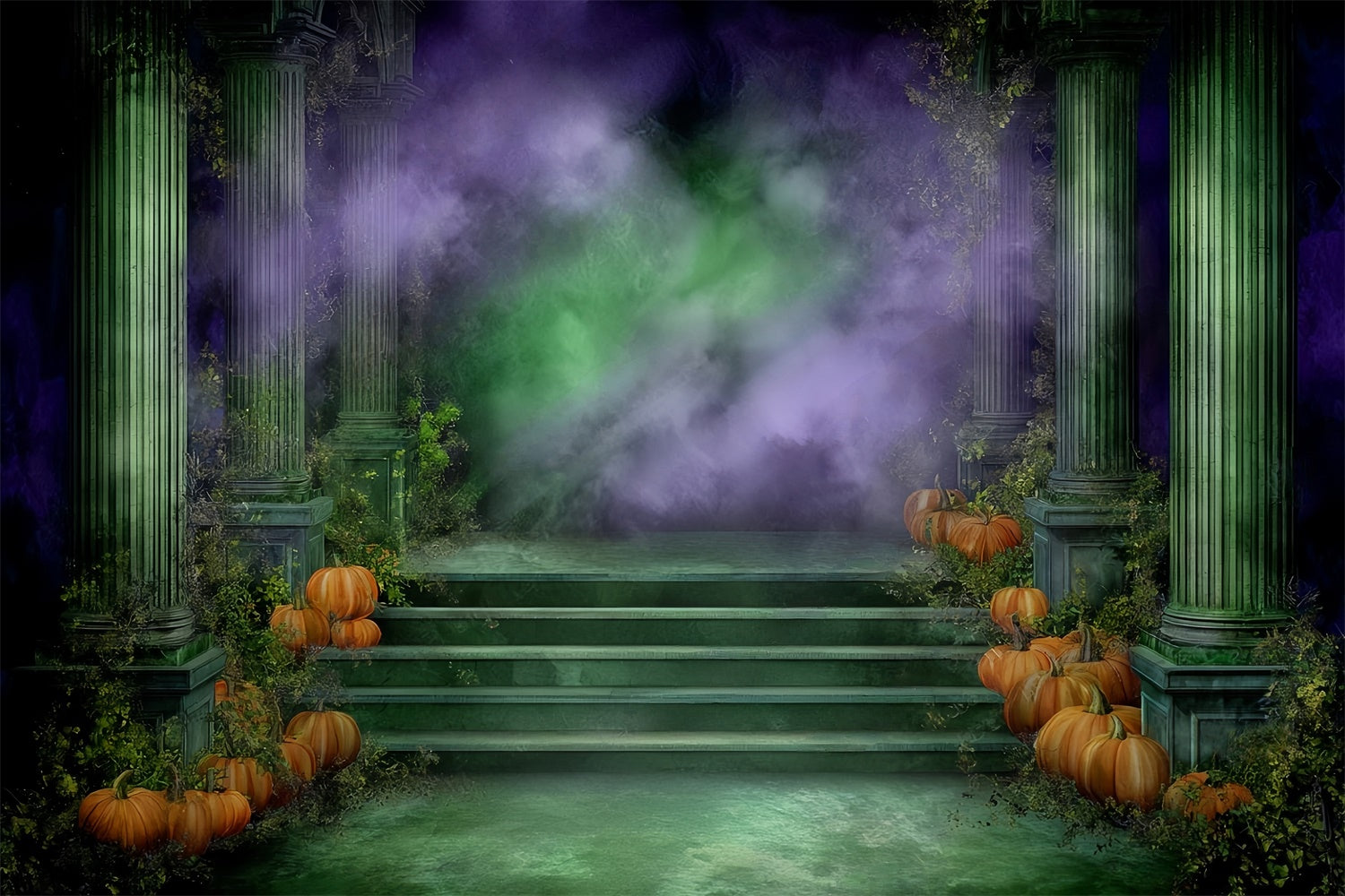 Gruselige Halloweenkulissen Uralter Efeu-Kürbis-Tempel Foto Hintergrund MRR8-22