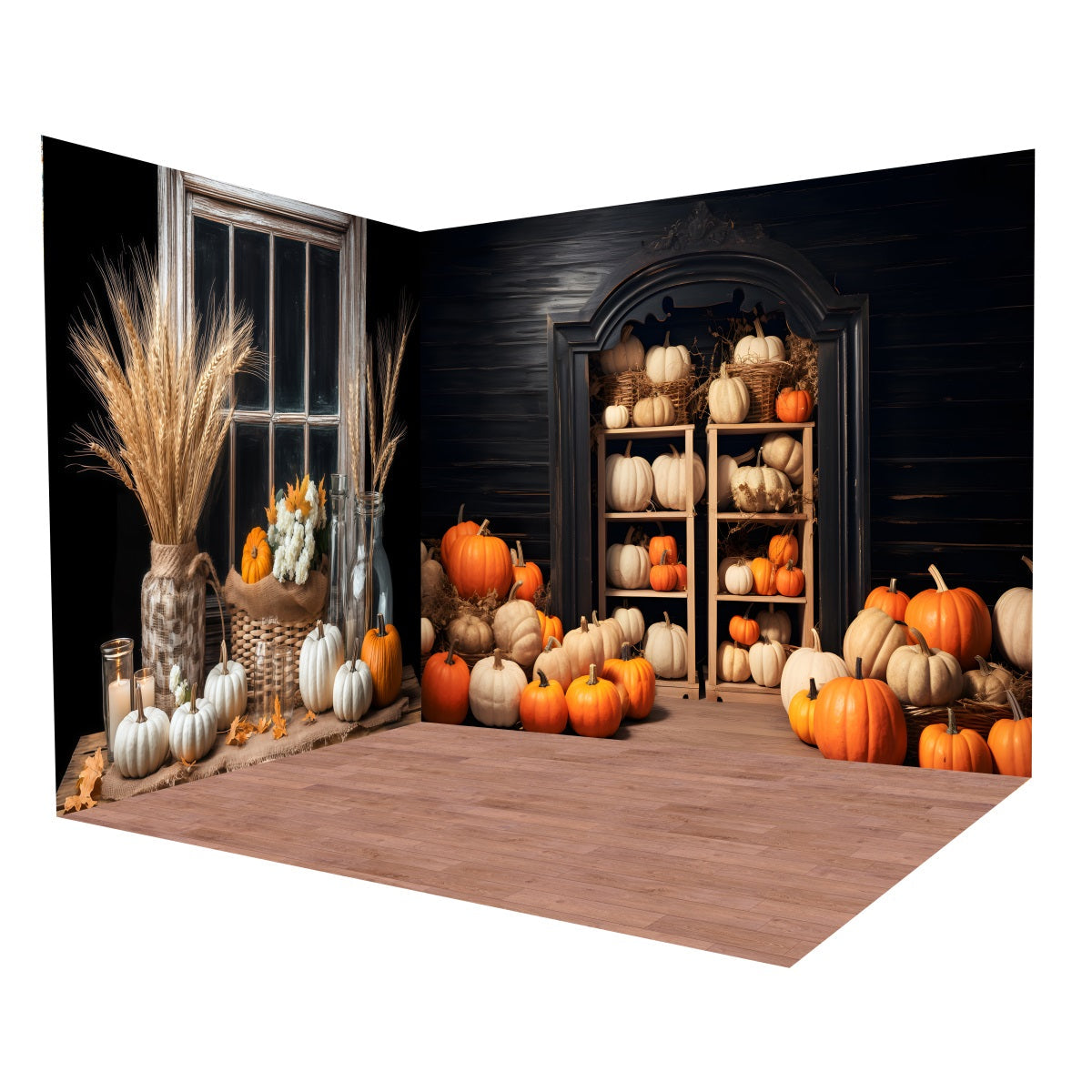 Herbst-Foto Hintergrund Rustikaler Kürbisernte-Fenster-Foto Hintergrund Raumset MRR8-225