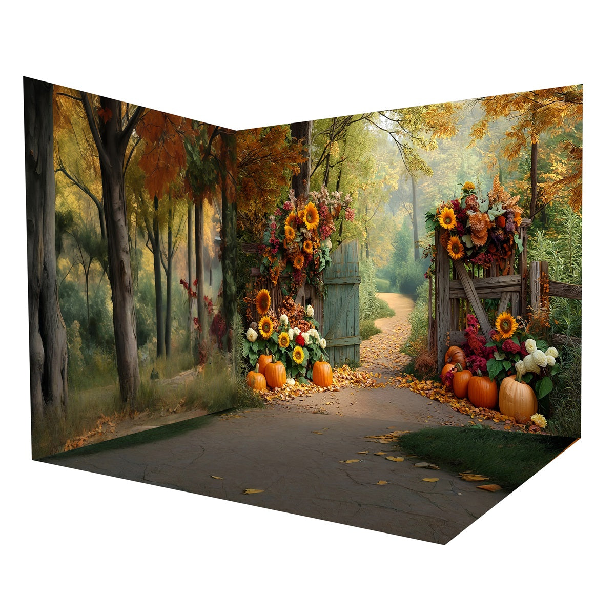 Herbst-Foto Hintergrund Kürbis-Sonnenblumen-Gartentor-Foto Hintergrund Raumset MRR8-229