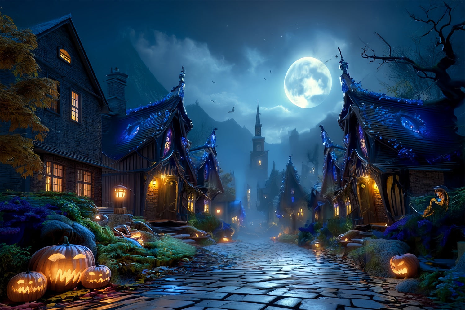 Haunted House Backdrop Vollmond Haunted Village Street Halloween Foto Hintergrund MRR8-23