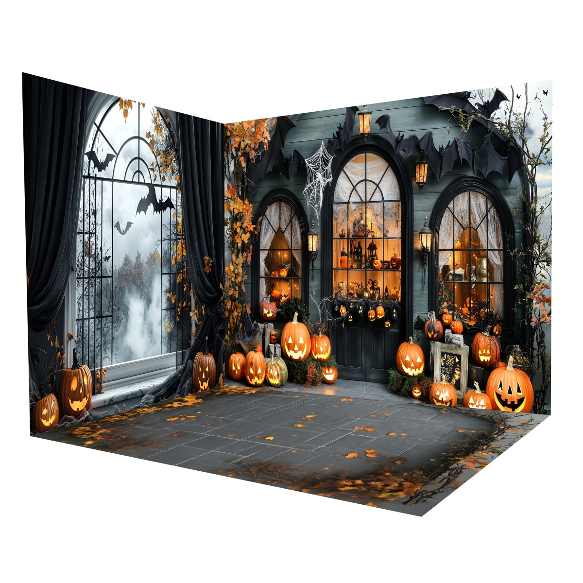 Halloween-Fotokulisse Kürbislaterne Gotisches Fenster Kulisse Raumset MRR8-237