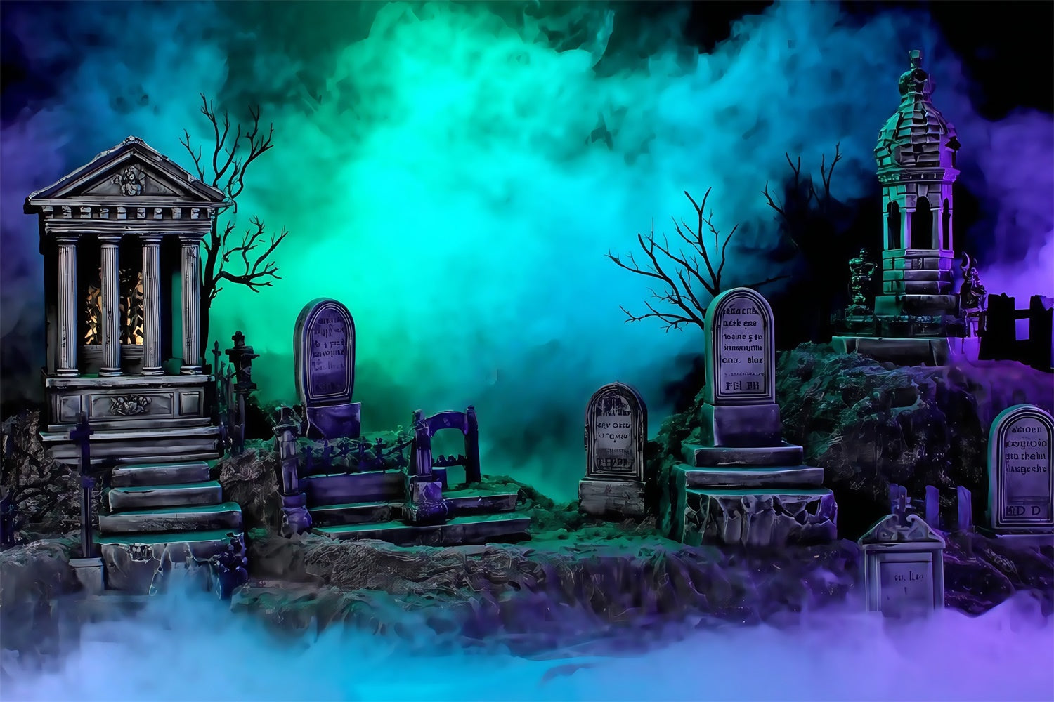 Halloweenkulisse Friedhof Glühende, neblige Grabsteine Foto Hintergrund MRR8-24