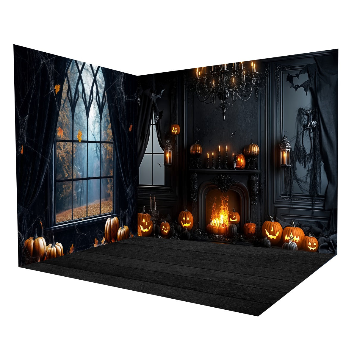 Halloween-BildFoto Hintergrund Dunkler gotischer Kamin Kürbisse Foto Hintergrund Raumset MRR8-242