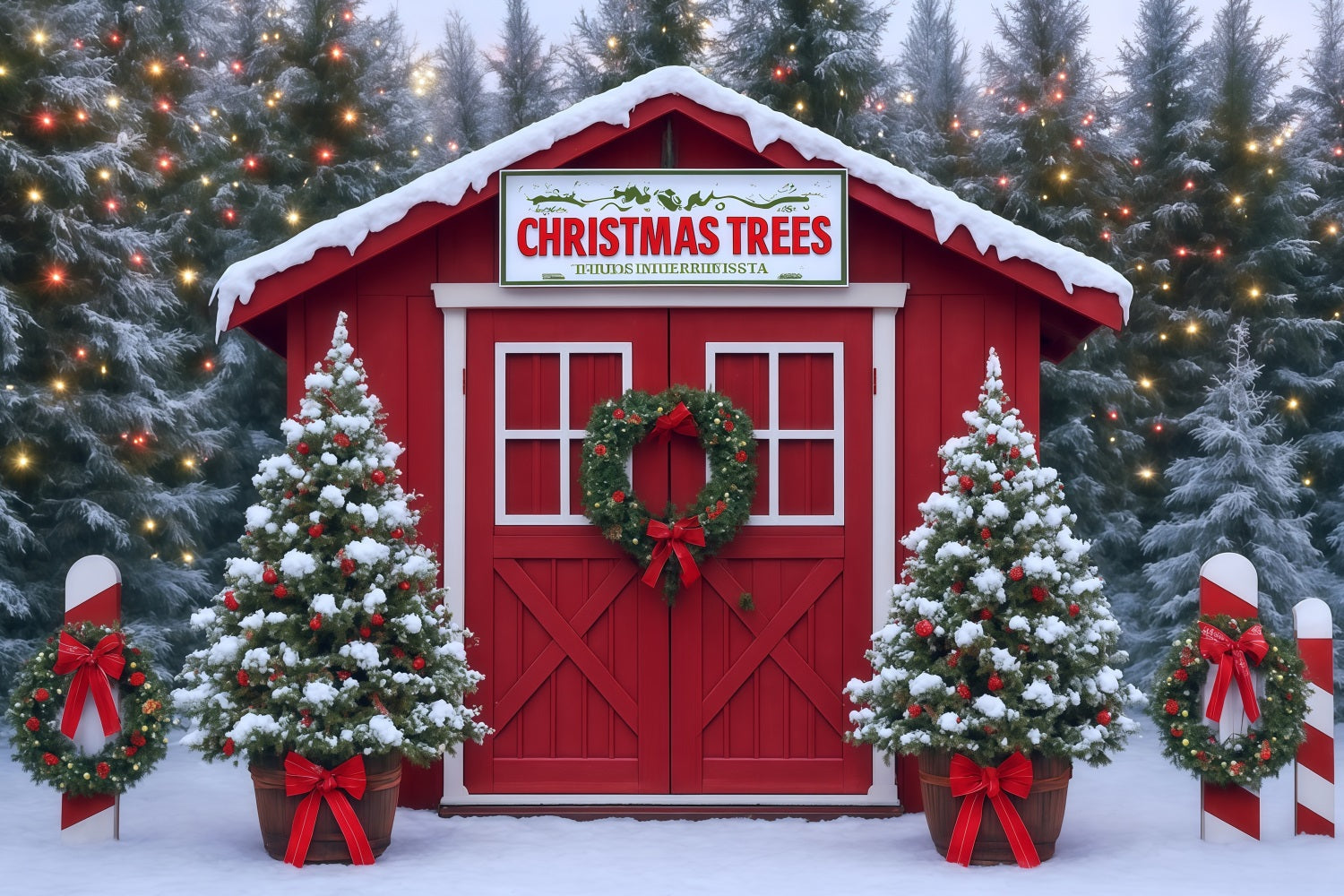 Weihnachtsbaum Fotohintergrund Verschneites Bauernhaus Rote Scheune Weihnachtsfotokulisse MRR8-263