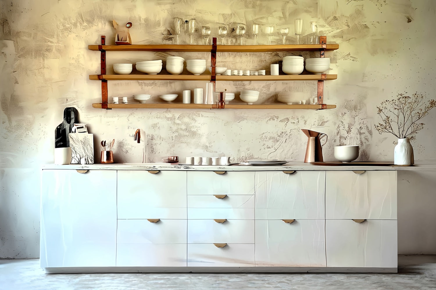 Vintage-Hintergrund Minimalistische weiße Küchenregale Vintage-Fotografie-Hintergrund MRR8-275