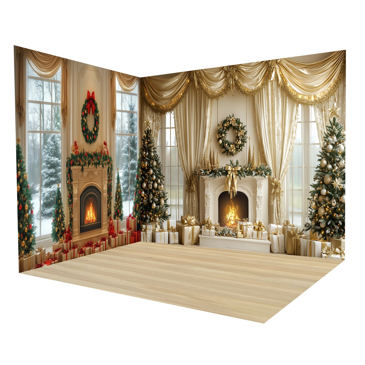 WeihnachtsFotostudio Hintergründe Goldener Feiertag KaminFotohintergrund Raumset MRR8-280