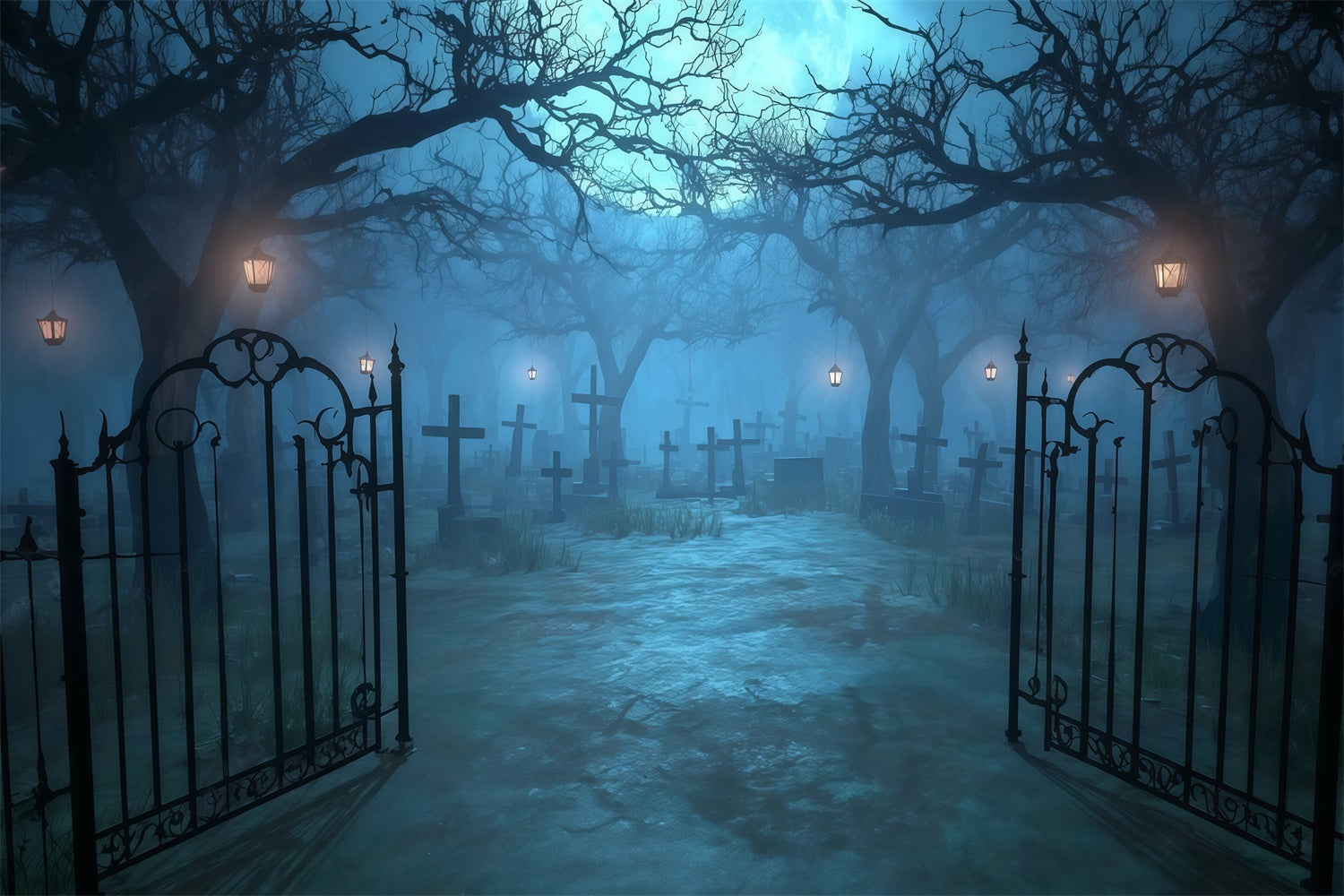 Halloween Friedhof Hintergrund Mondscheintor Friedhofsweg Halloween Foto Hintergrund MRR8-29