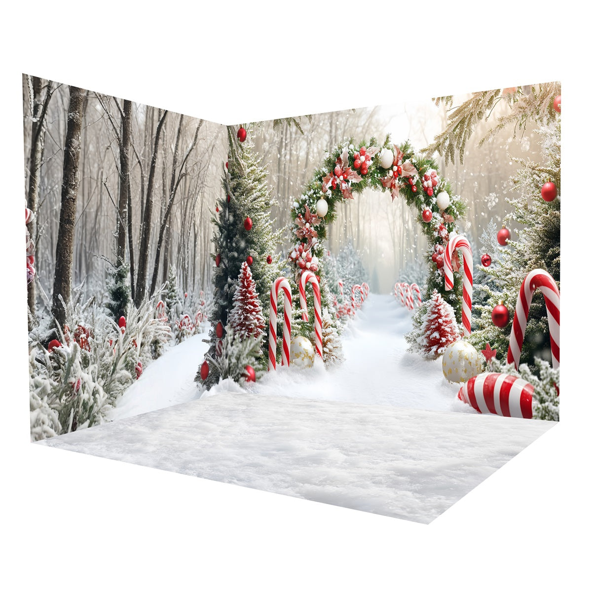 Weihnachtsfotohintergrund Zuckerstangen-Schneewald Fotohintergrund Raumset MRR8-299