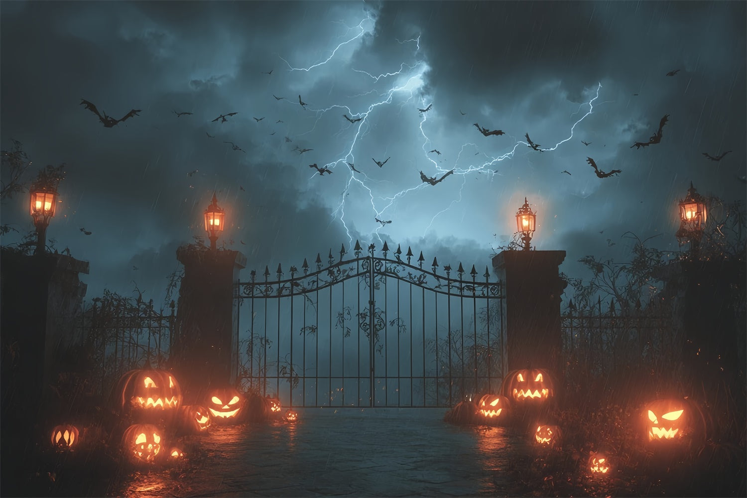 Donner und Blitz Gruselige Tür Kürbis Halloween Foto Hintergrund MRR8-3