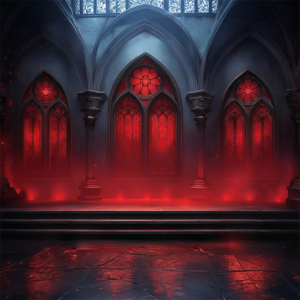 Gruselige Halloween Hintergrundbilder Karmesinrote Kathedrale Fenster leuchten Foto Hintergrund MRR8-31