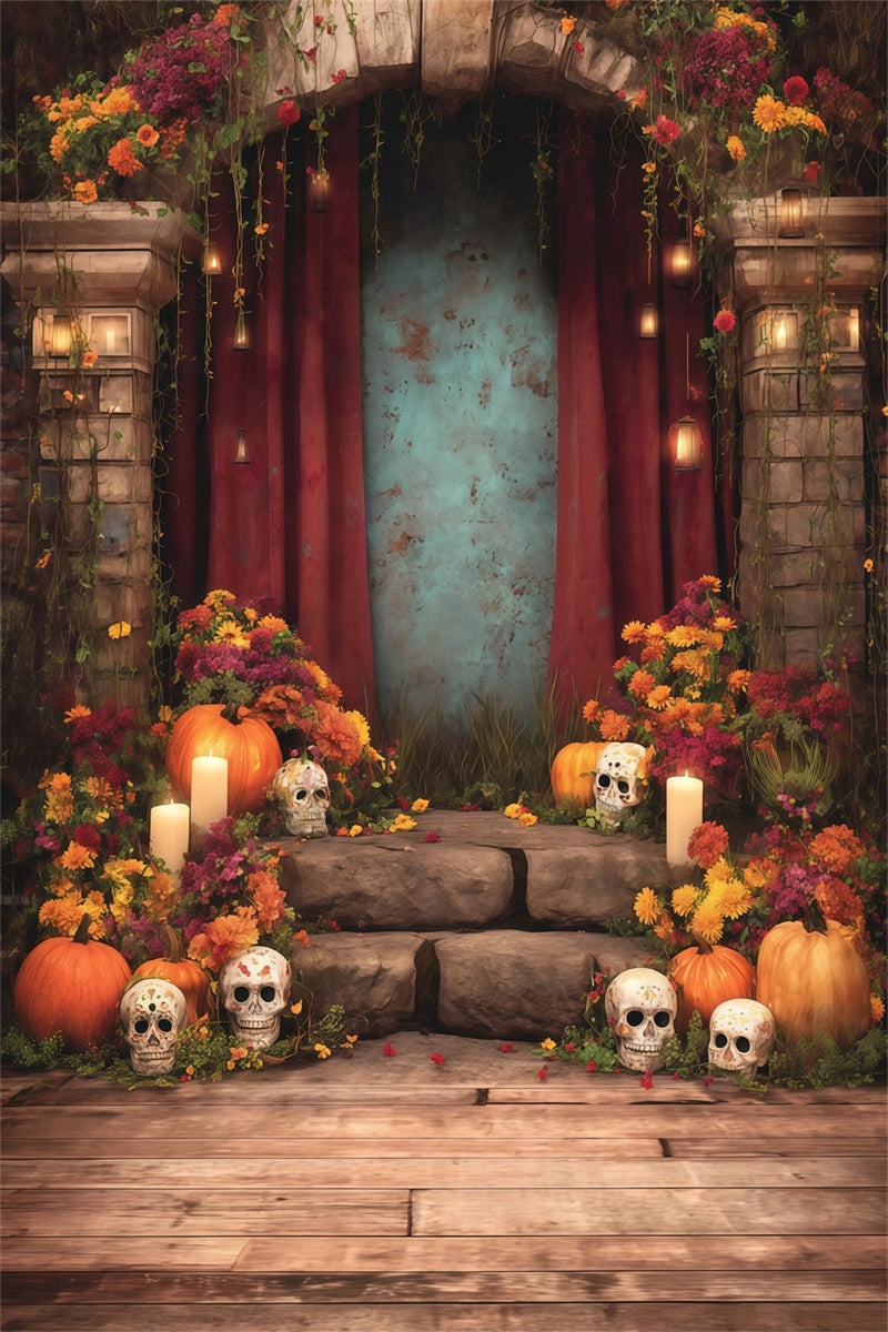 Halloween Fotografie Backdrop Blumenopfer Skelett Kerzenbogen Foto Hintergrund MRR8-36