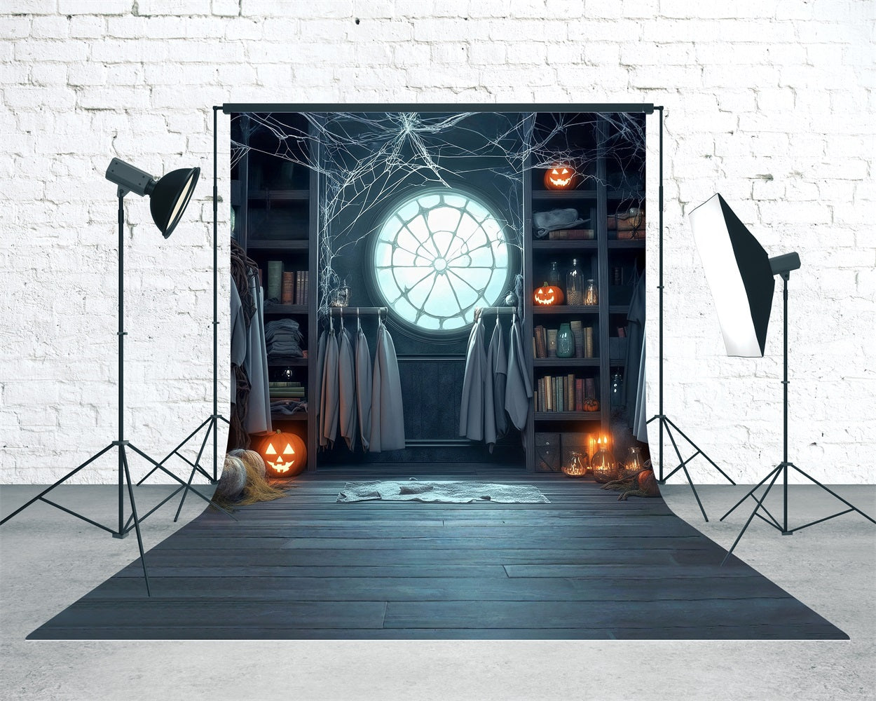 Halloween Foto Hintergrund Spinnennetz Fenster Kürbis Lichter Bücherregal Aufhänger Sweep Backdrop MRR8-42