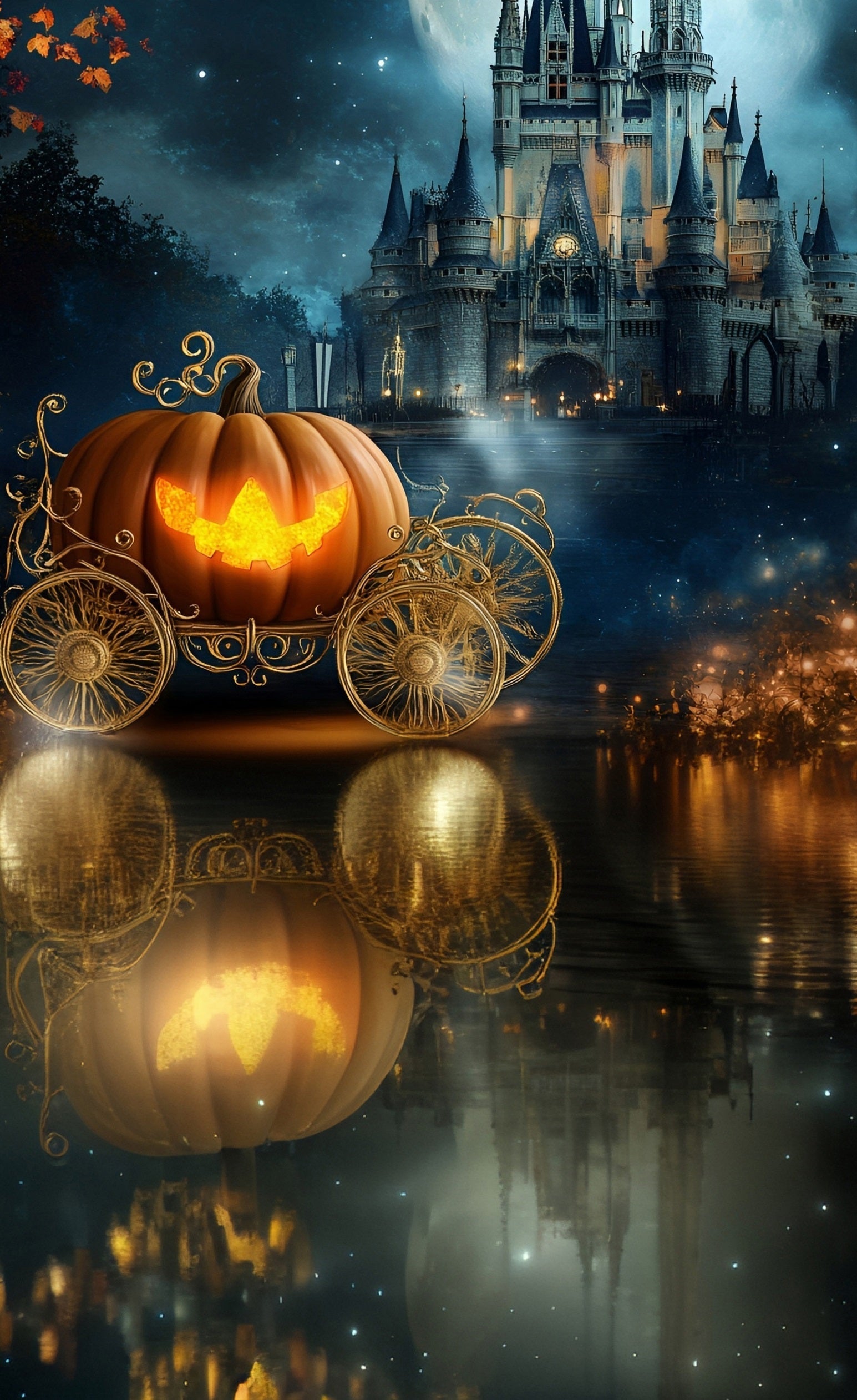 Halloween Foto Hintergrund für Fotos Kürbiskutsche Verträumte Burg See Sweep Hintergrund MRR8-44