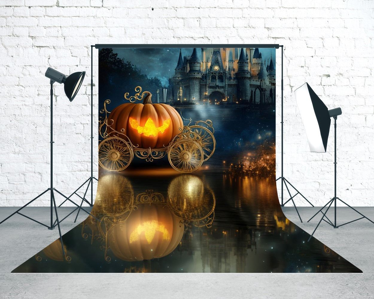 Halloween Foto Hintergrund für Fotos Kürbiskutsche Verträumte Burg See Sweep Hintergrund MRR8-44