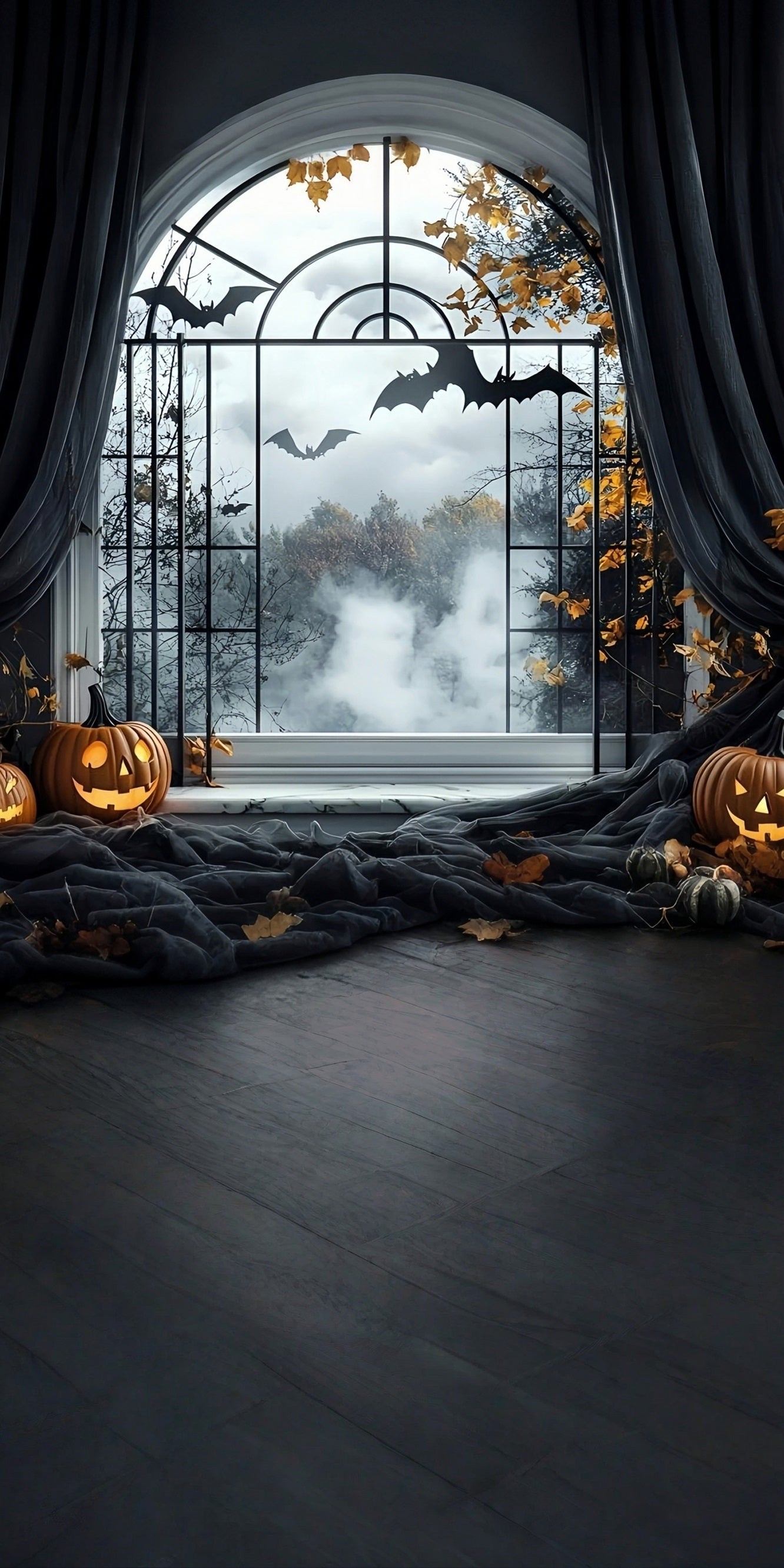 Halloween Foto Hintergrund Ideen Schwarze Vorhänge Gewölbtes Fenster Sweep Backdrop MRR8-46