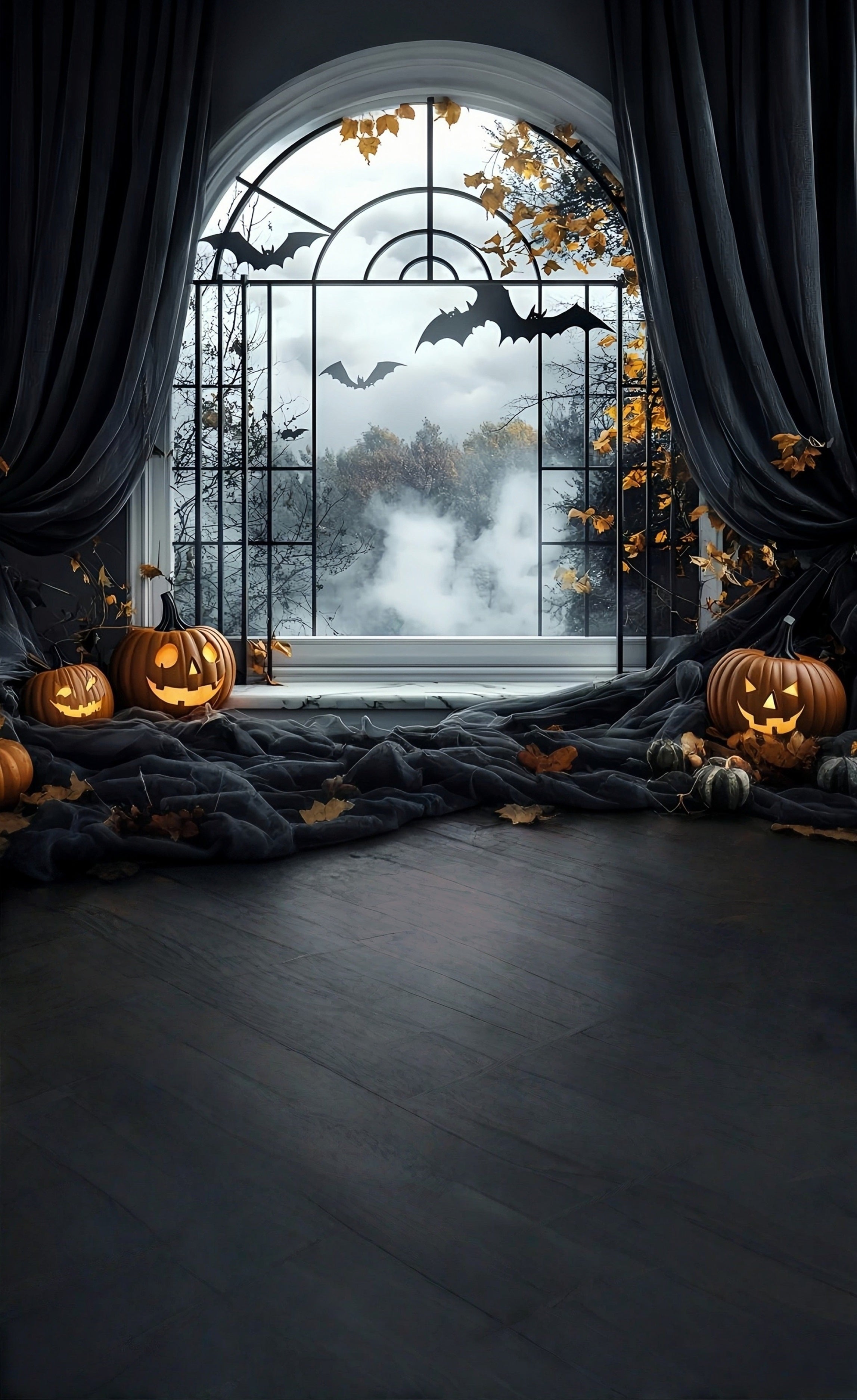 Halloween Foto Hintergrund Ideen Schwarze Vorhänge Gewölbtes Fenster Sweep Backdrop MRR8-46