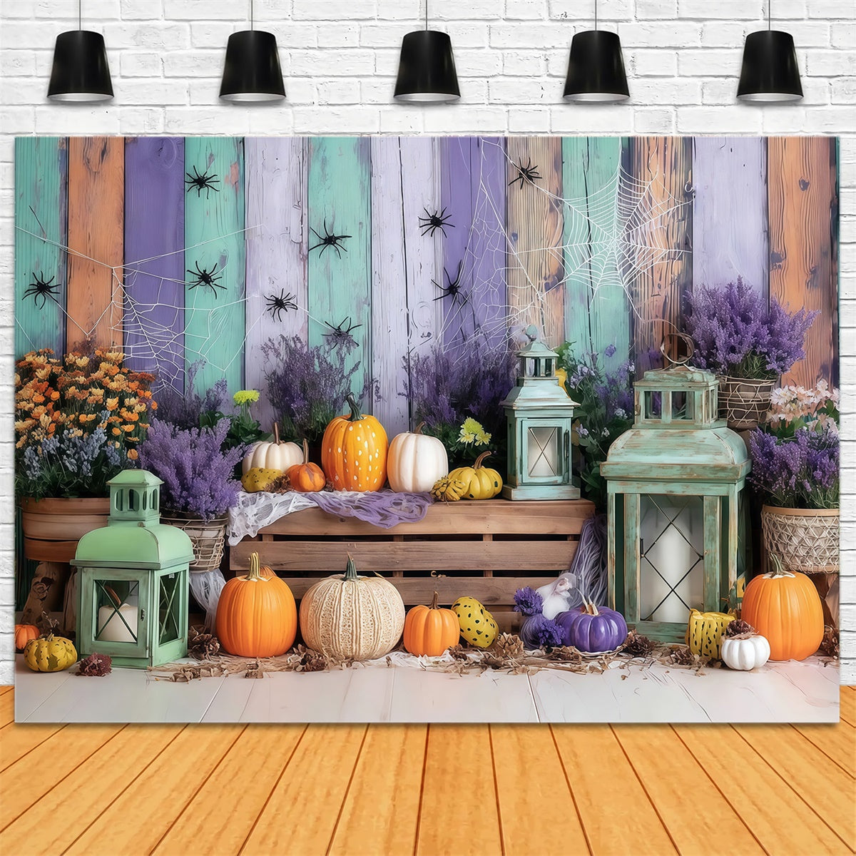Halloween Wand Backdrop Bunte Holzwand Spinne Kürbis Halloween Foto Hintergrund MRR8-5