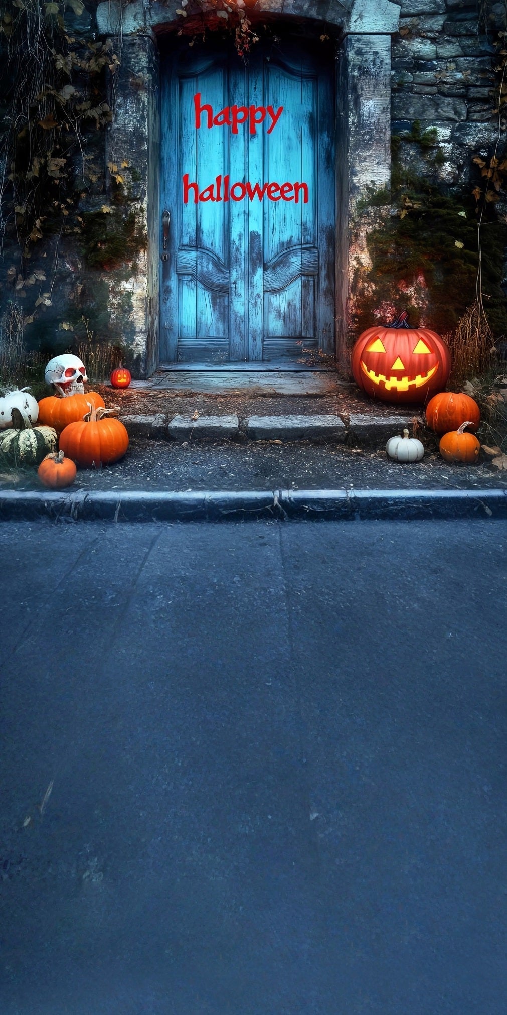 Halloween Fotohintergrund Bloodletter "Happy Halloween" Blau Vintage Tür Sweep Hintergrund MRR8-50