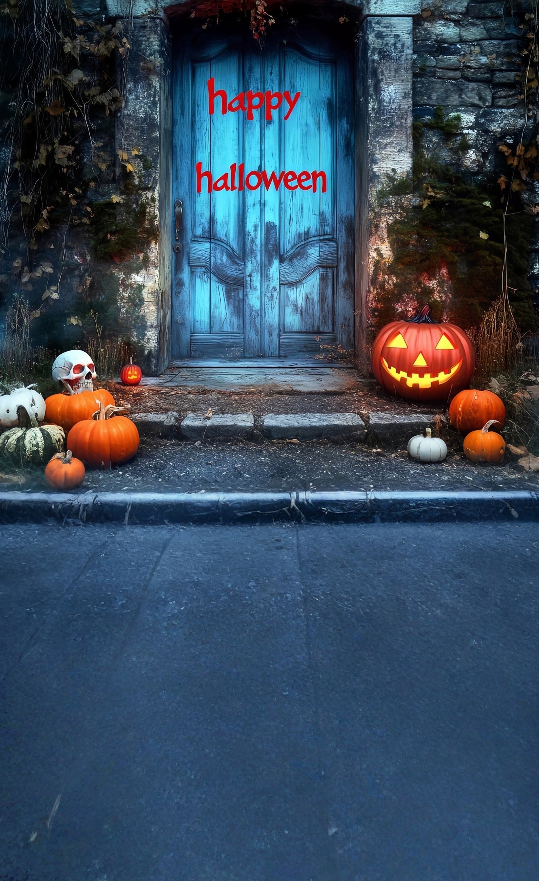 Halloween Fotohintergrund Bloodletter "Happy Halloween" Blau Vintage Tür Sweep Hintergrund MRR8-50