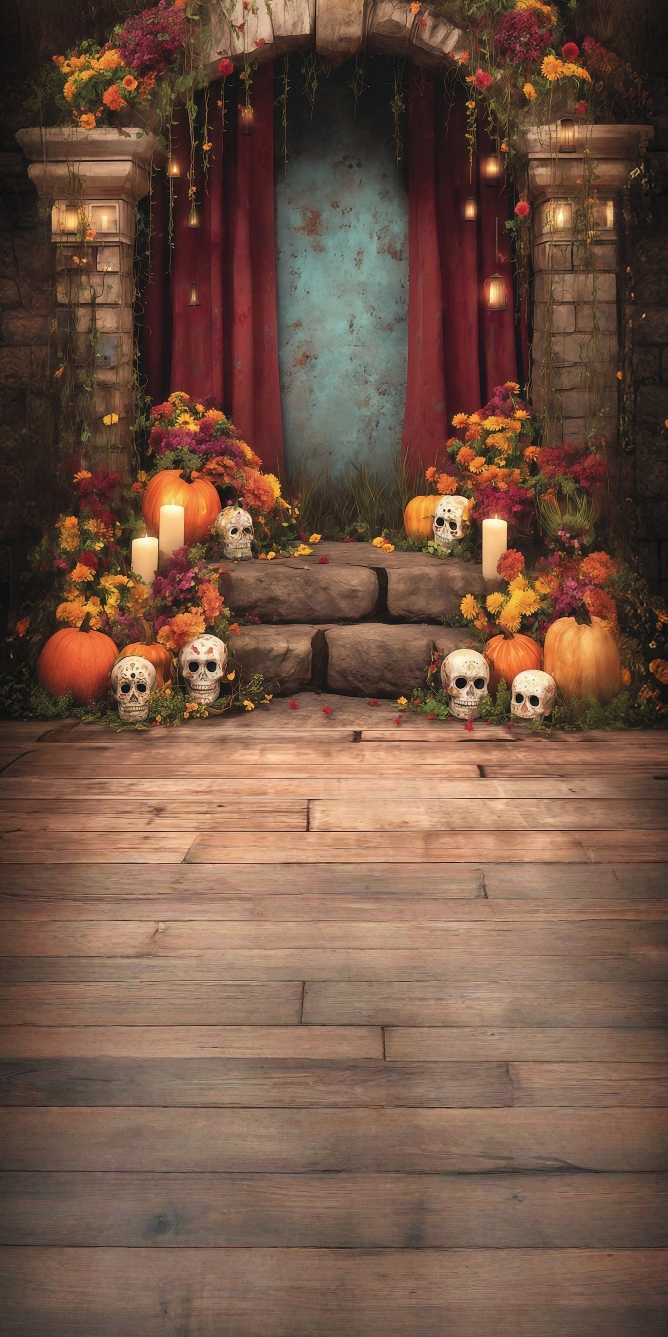 Spooky Halloween Foto Hintergrund Tranquil Flowers Candles Adorned Steps Sweep Backdrop MRR8-52