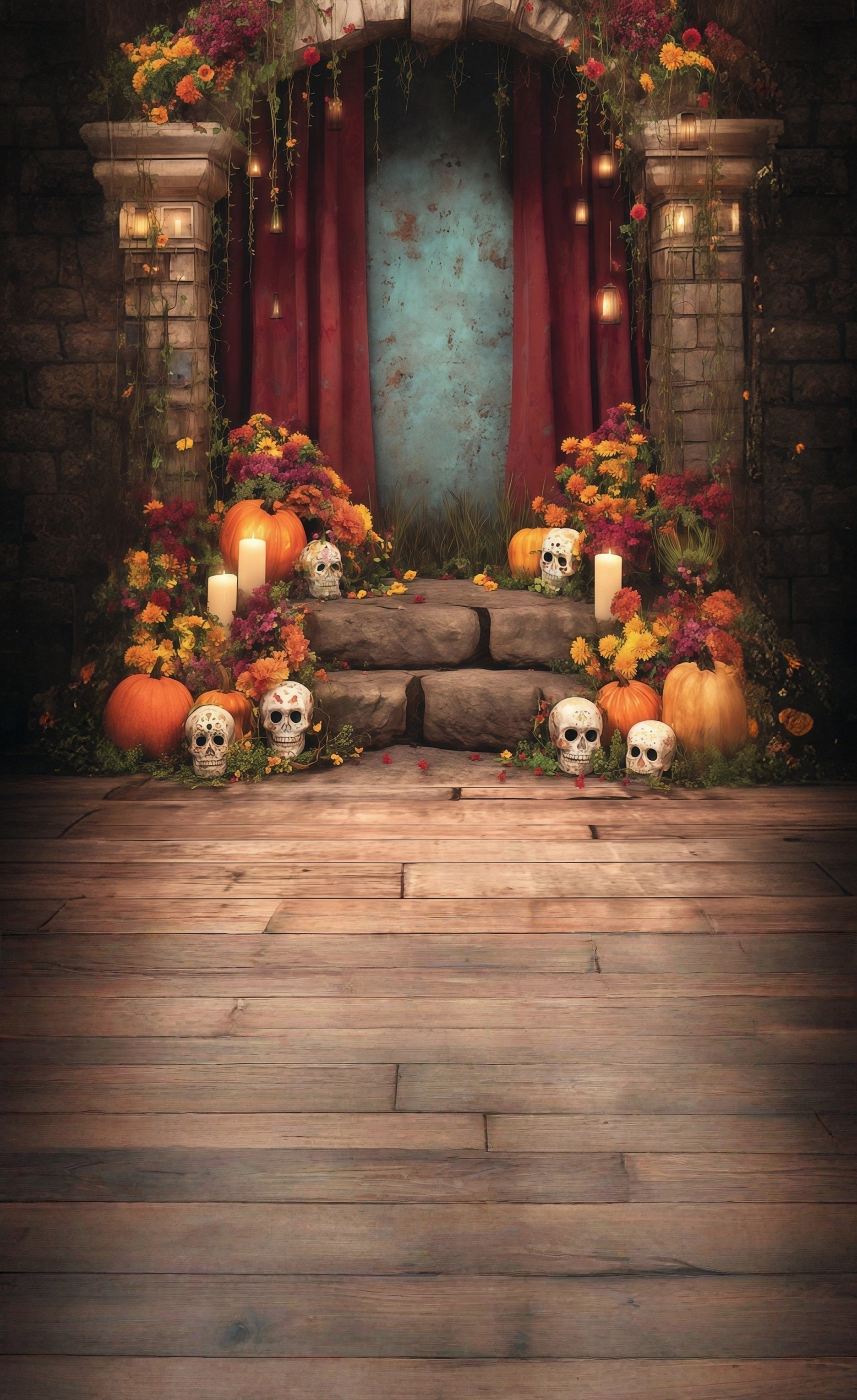 Spooky Halloween Foto Hintergrund Tranquil Flowers Candles Adorned Steps Sweep Backdrop MRR8-52