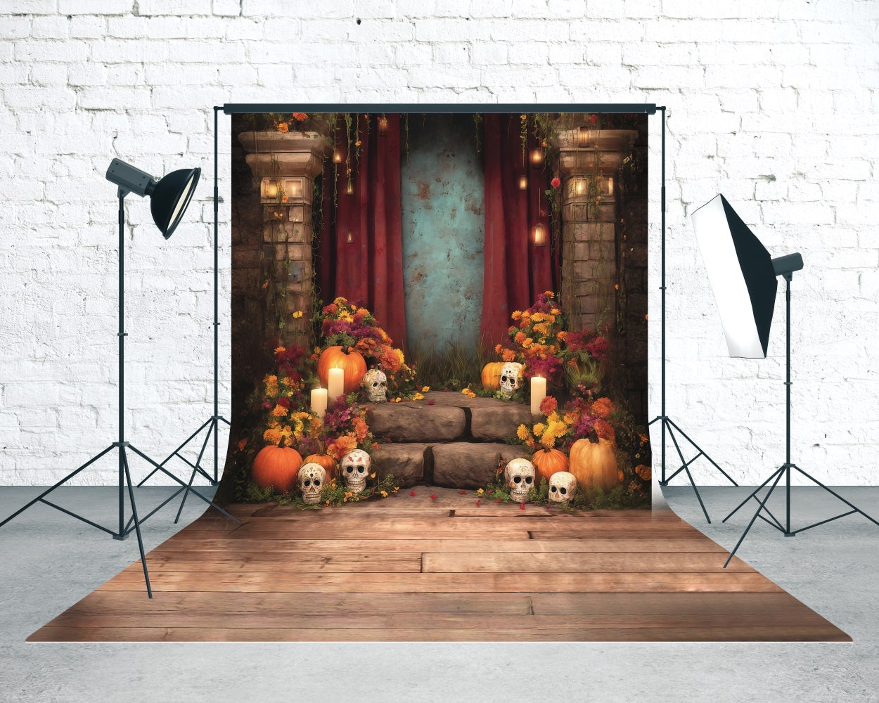 Spooky Halloween Foto Hintergrund Tranquil Flowers Candles Adorned Steps Sweep Backdrop MRR8-52
