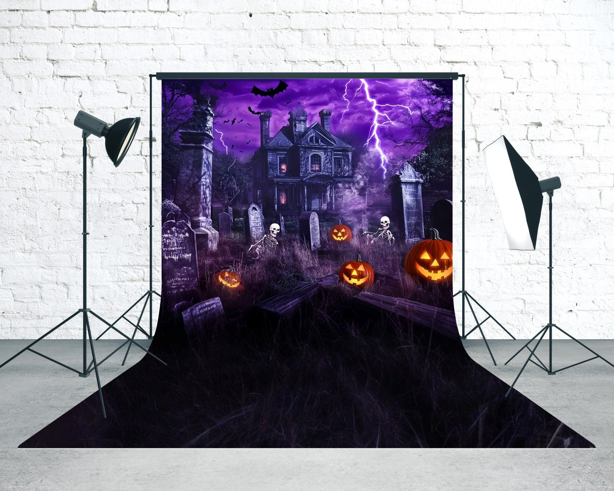 Haunted House Foto Hintergrund Lightning Haunted House Graveyard Skeleton Dance Sweep Backdrop MRR8-56