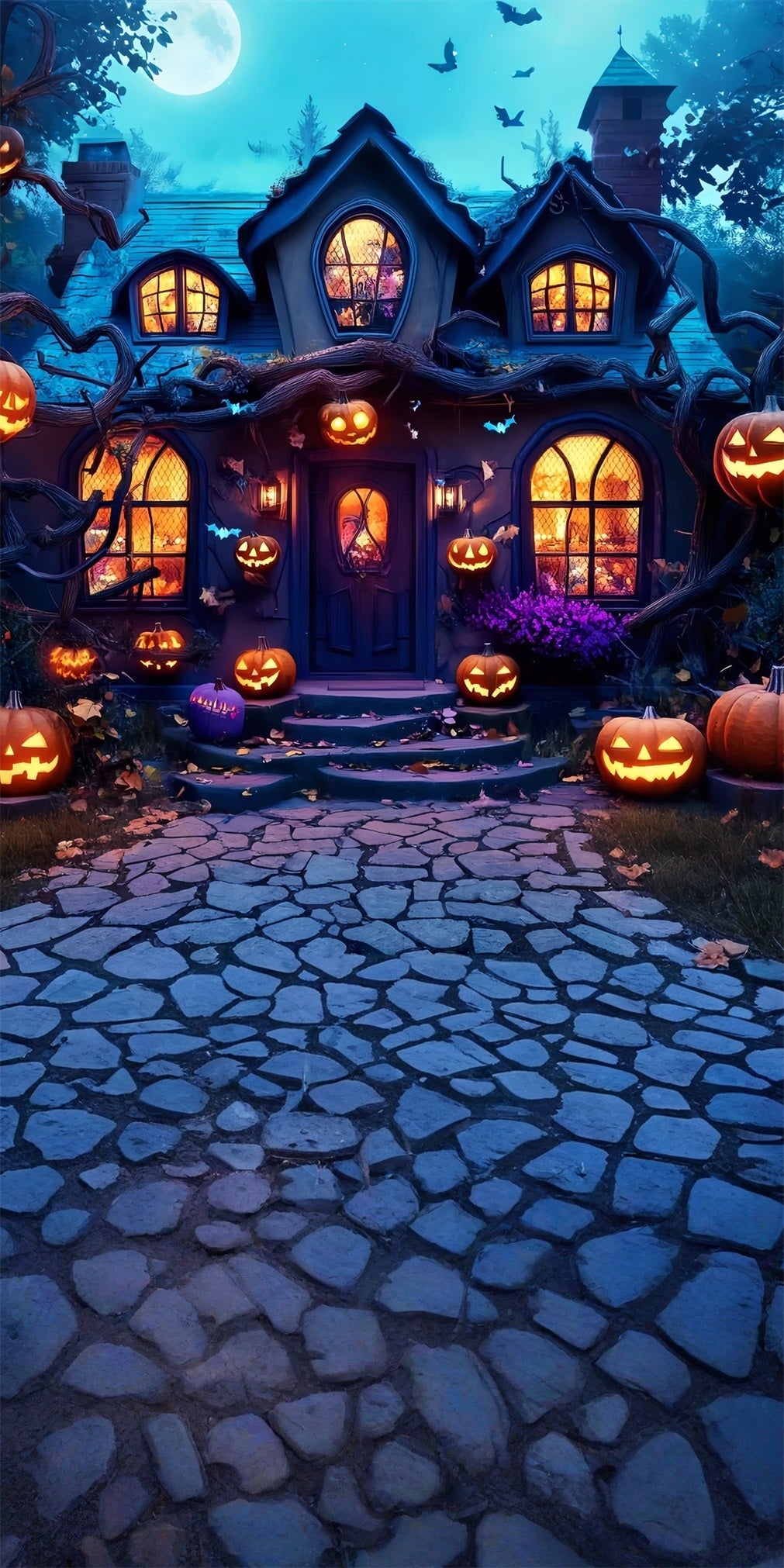 Haunted House Foto Hintergrund Moonlit Pumpkin Lamp Enchanted Cottage Sweep Backdrop MRR8-57