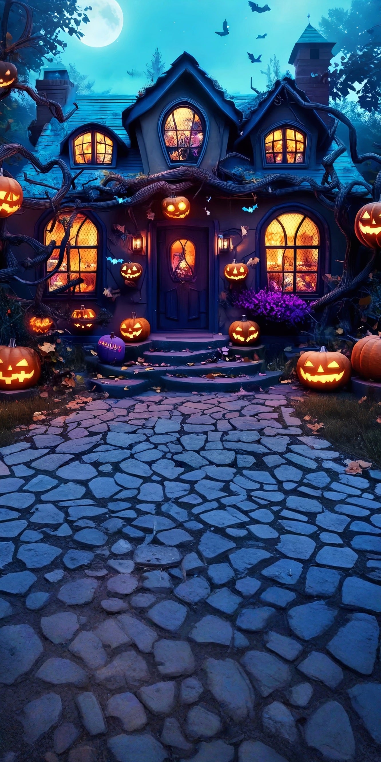 Haunted House Foto Hintergrund Moonlit Pumpkin Lamp Enchanted Cottage Sweep Backdrop MRR8-57