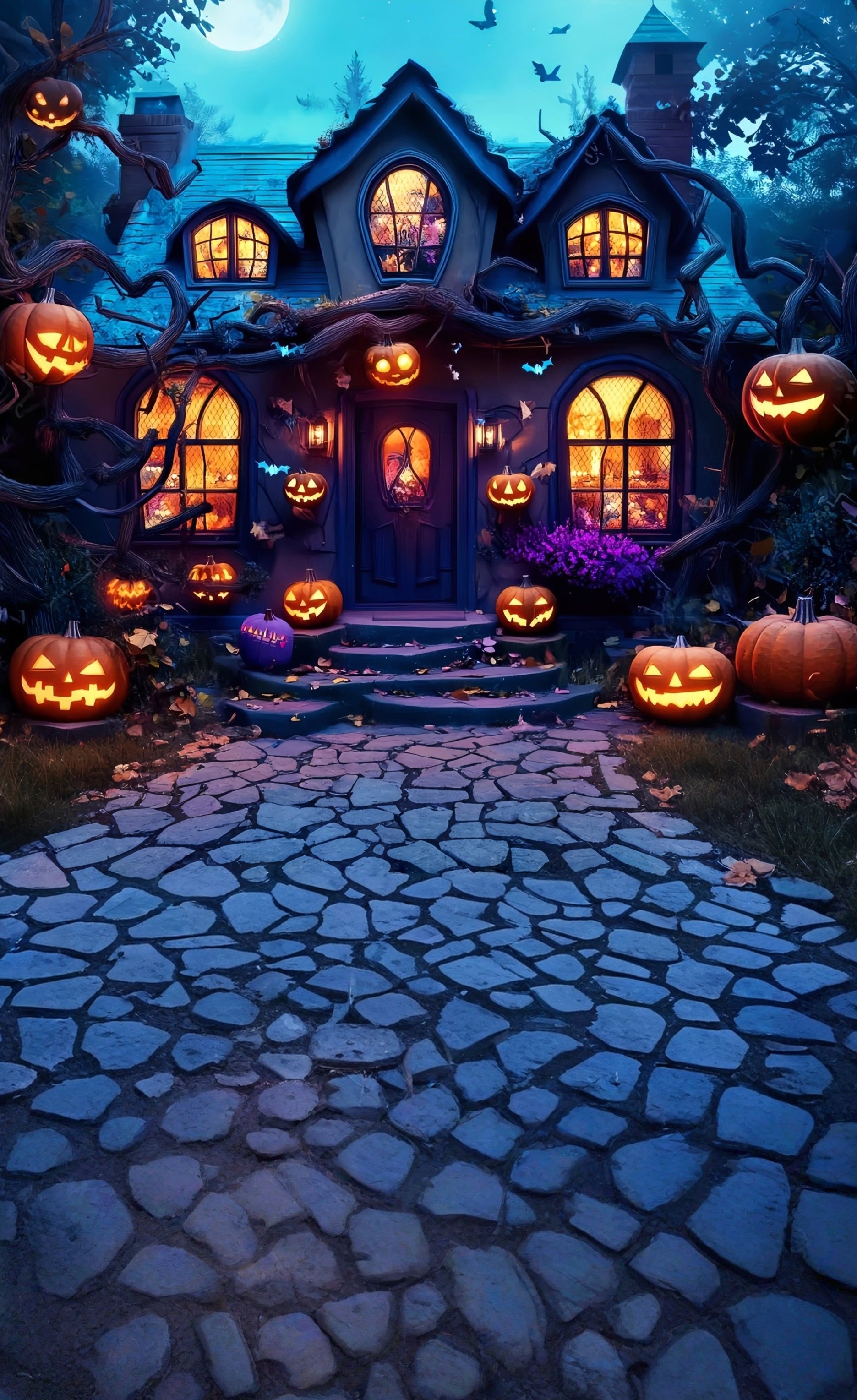 Haunted House Foto Hintergrund Moonlit Pumpkin Lamp Enchanted Cottage Sweep Backdrop MRR8-57