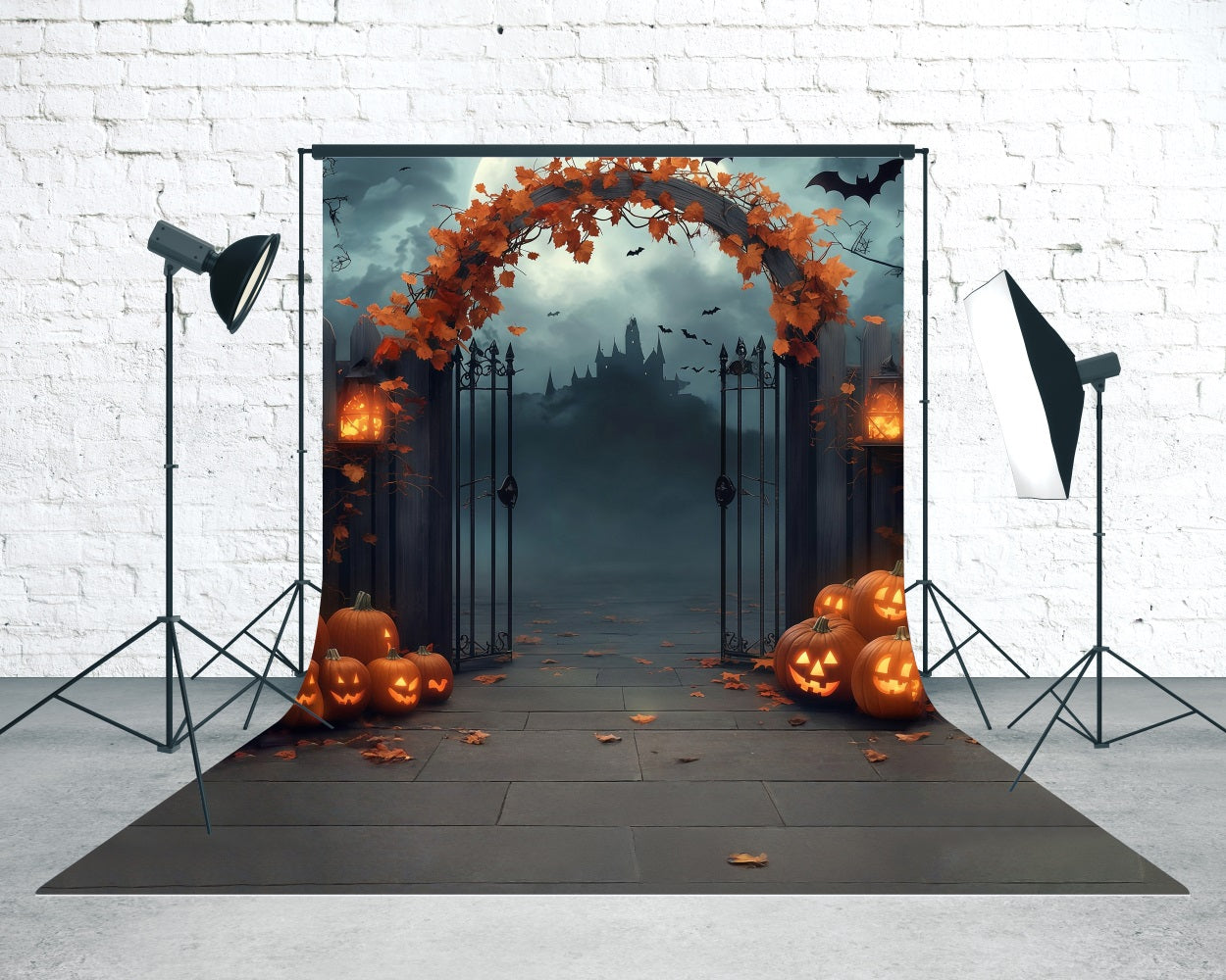 Halloween Foto Hintergrund Ahornblatt Verdrehte Bogen Kürbis Lichter Twinkle Sweep Backdrop MRR8-63