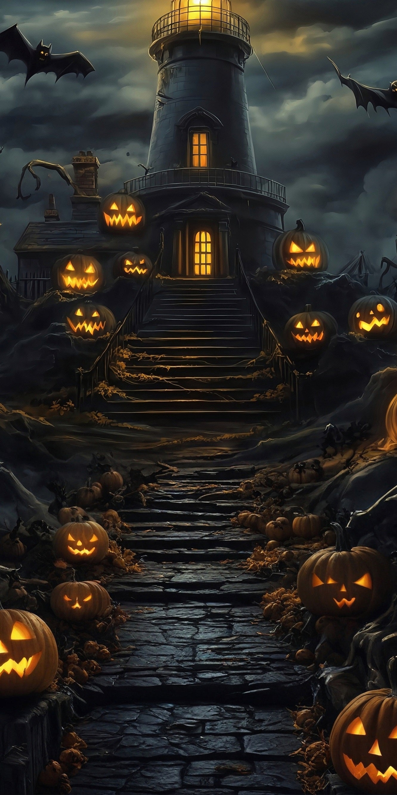 Halloween Foto Hintergrund Kürbis Lampe Stufen Dunkle Wolken Dunkle Nacht Turm Sweep Backdrop MRR8-64