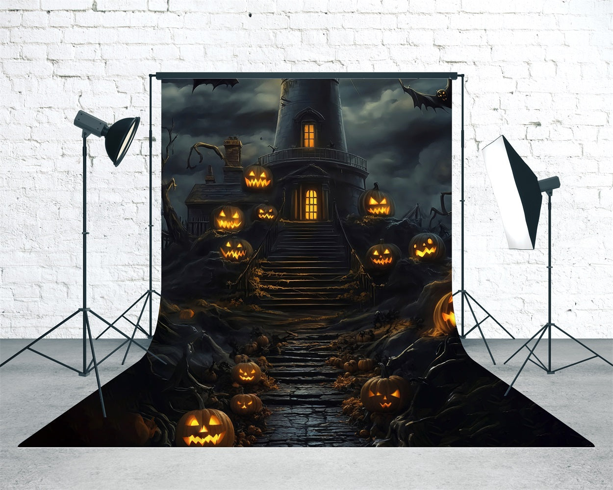 Halloween Foto Hintergrund Kürbis Lampe Stufen Dunkle Wolken Dunkle Nacht Turm Sweep Backdrop MRR8-64