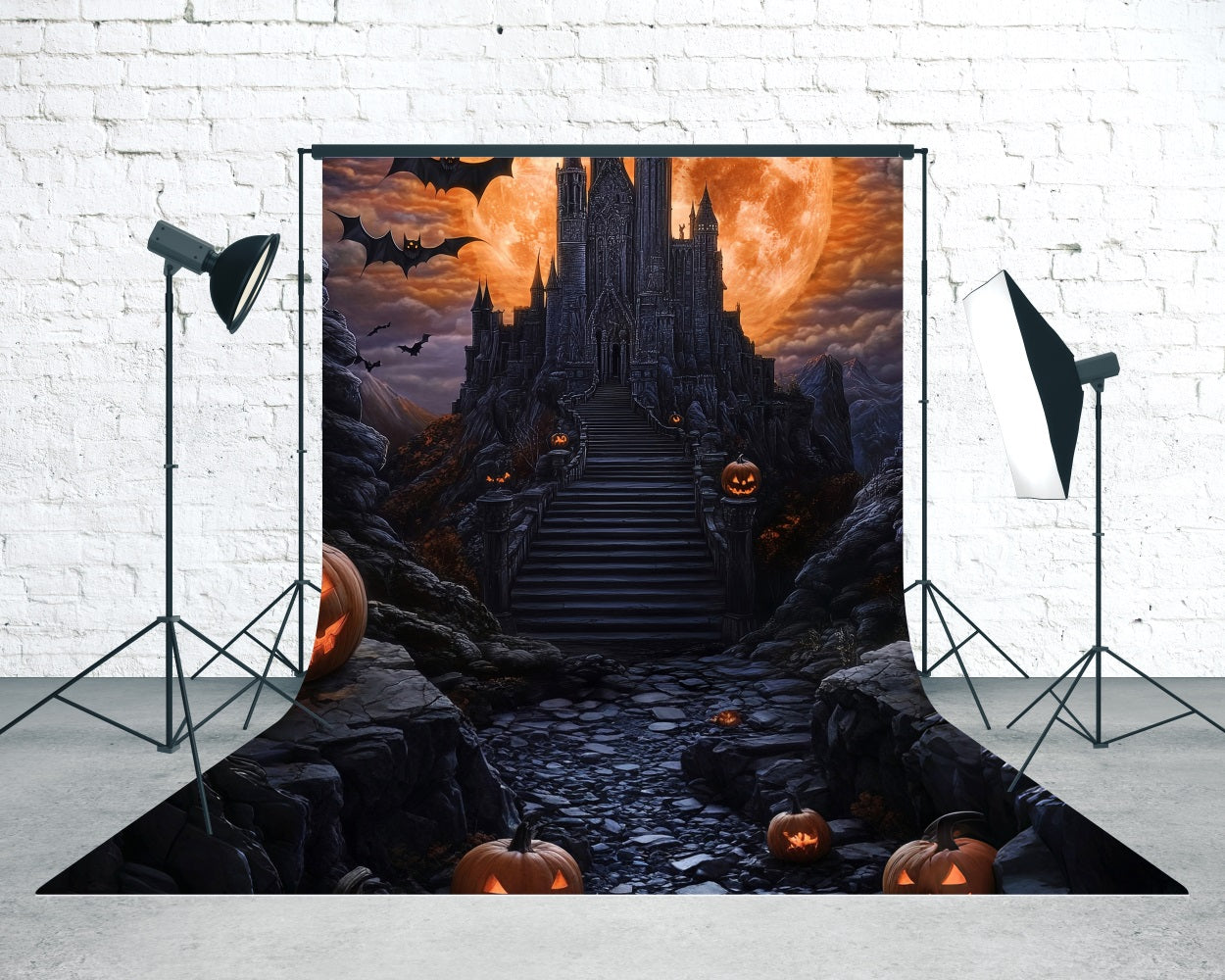 Halloween Fotohintergrund Magischer Riesenblutmond Schwarzes Schloss Sweep Backdrop MRR8-65