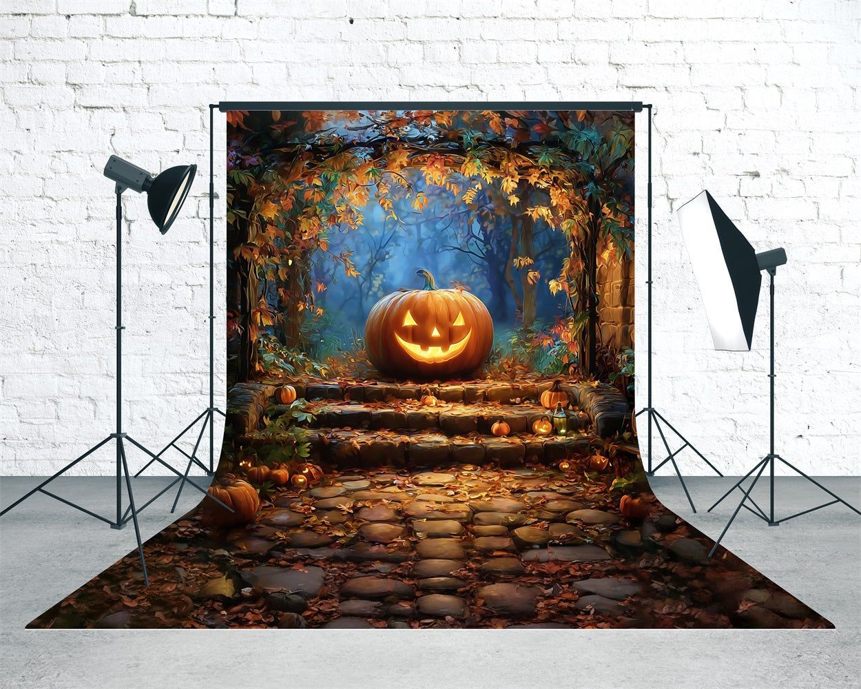 Halloween Wall Foto Hintergrund Wicked Smiley Pumpkin Lights Under Fall Leaves Sweep Backdrop MRR8-68
