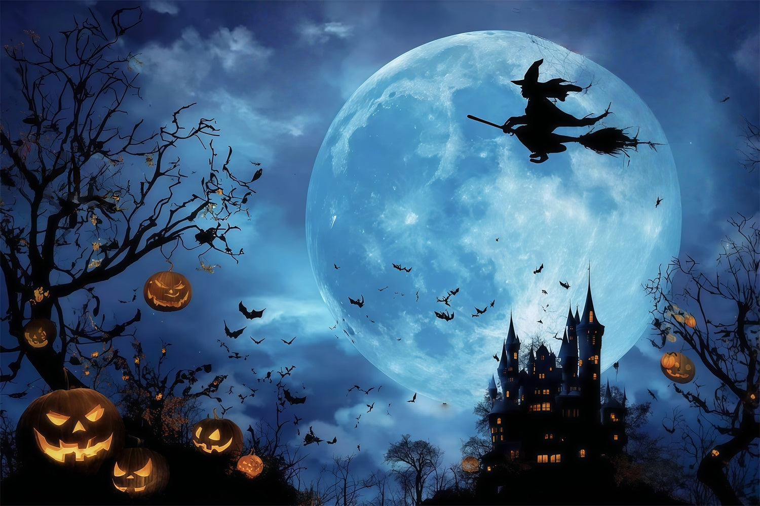 Spooky Halloween Backdrop Mystic Forest Schloss Vollmond Hexe Halloween Foto Hintergrund MRR8-7