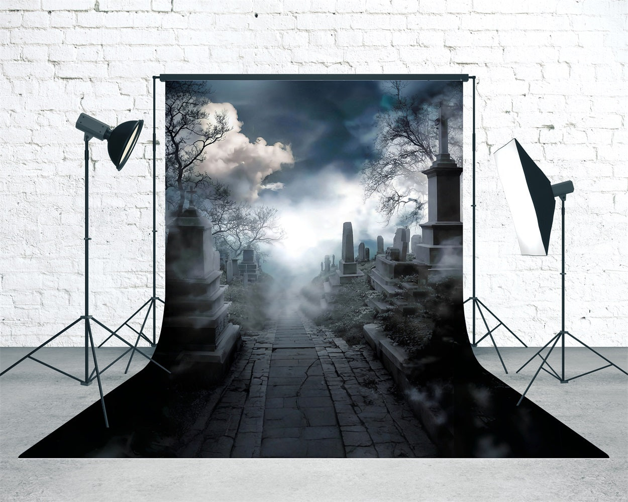 Halloween Friedhof Foto Hintergrund Ruhiger, rauchiger Friedhof Sweep-Hintergrund MRR8-70