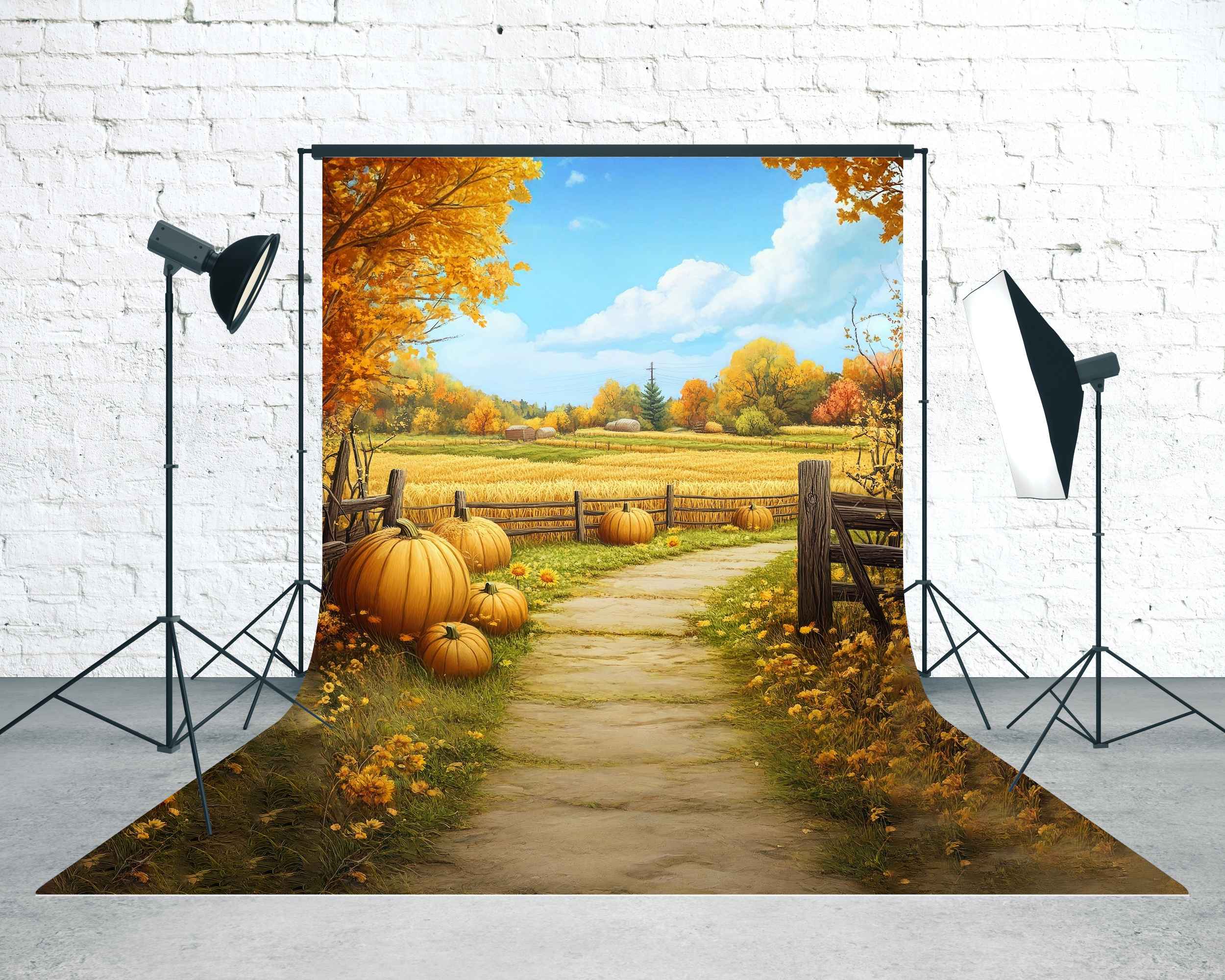 Herbst-Fotohintergrund Goldener Kürbis Weg Bauernhof Sweep-Fotohintergrund MRR8-71