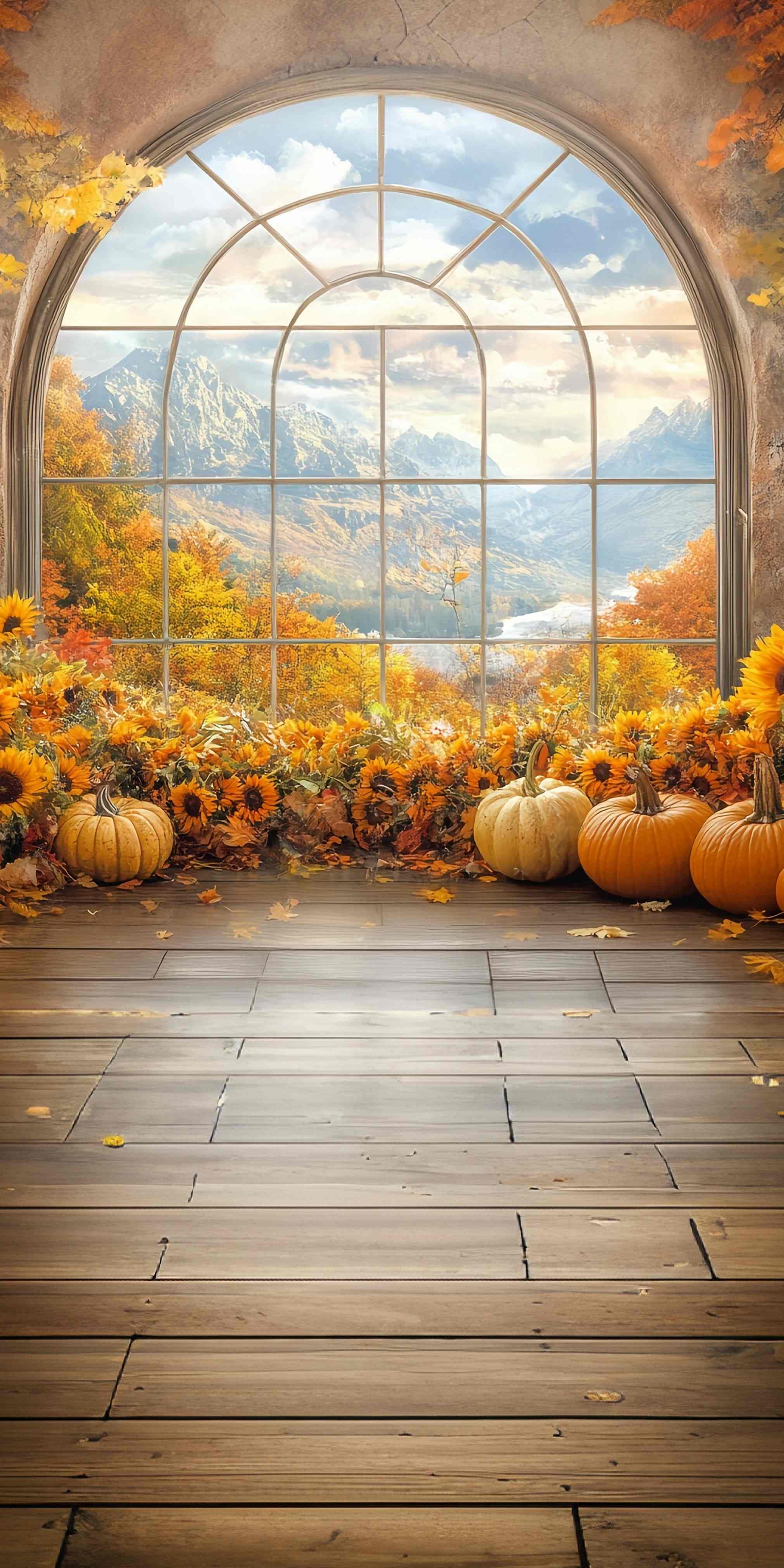 Herbstfoto-Fotohintergrund Sonnenblume Fenster Bergblick Sweep-Fotohintergrund MRR8-72