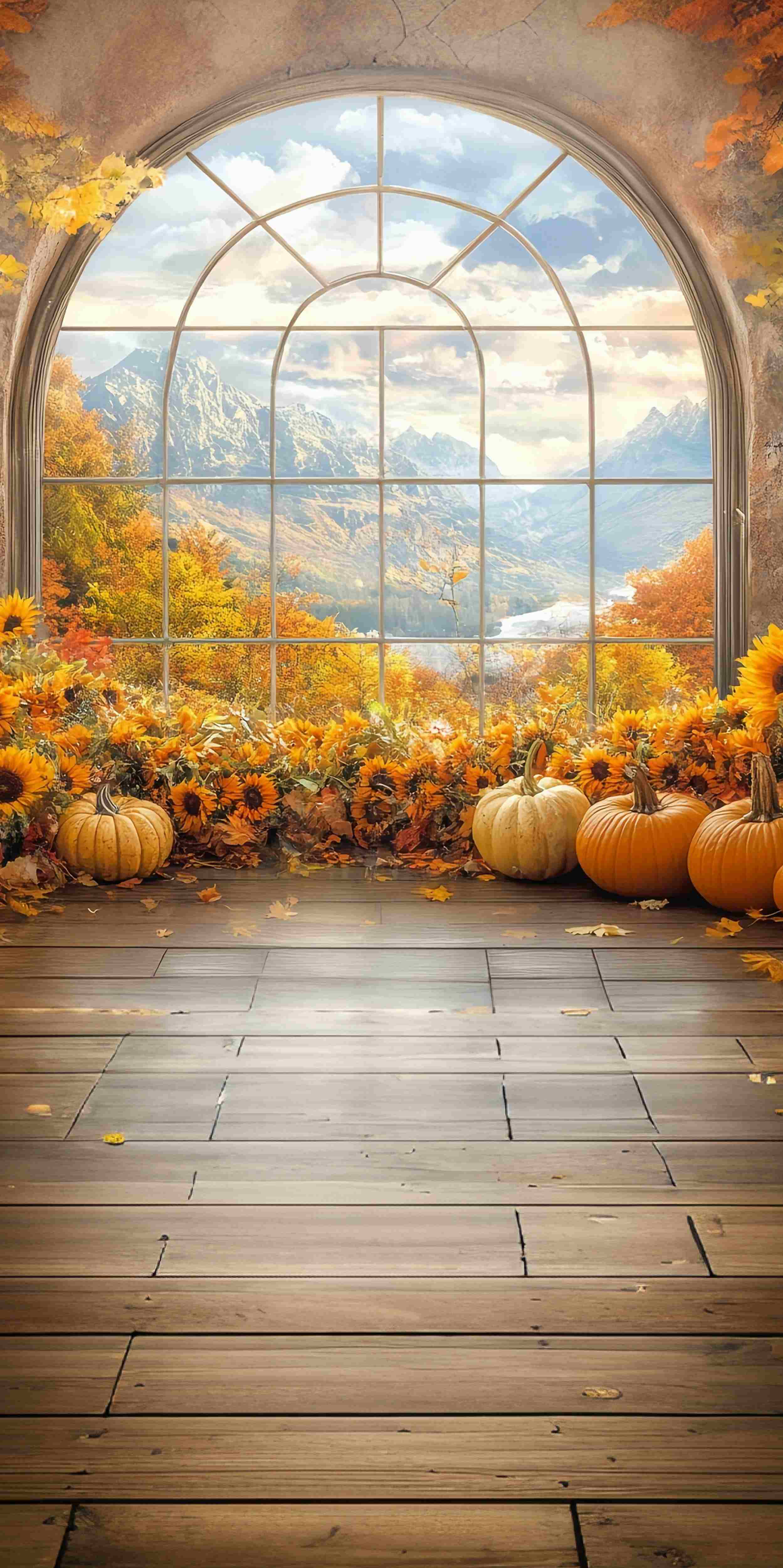 Herbstfoto-Fotohintergrund Sonnenblume Fenster Bergblick Sweep-Fotohintergrund MRR8-72